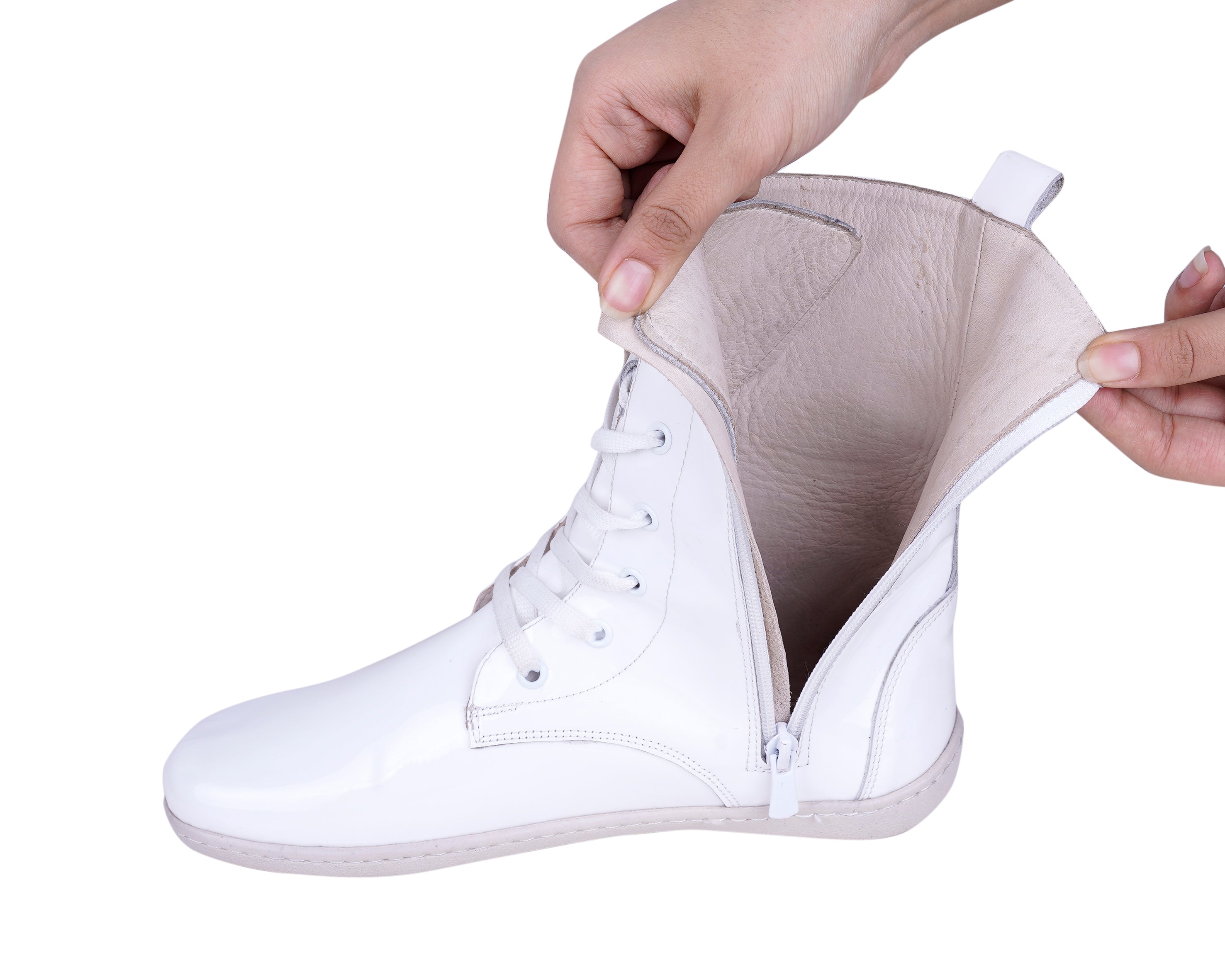 White Long Zipper Boots Wide Barefoot Shoes Atoma Leather Handmade 6mm Rubber Outsole