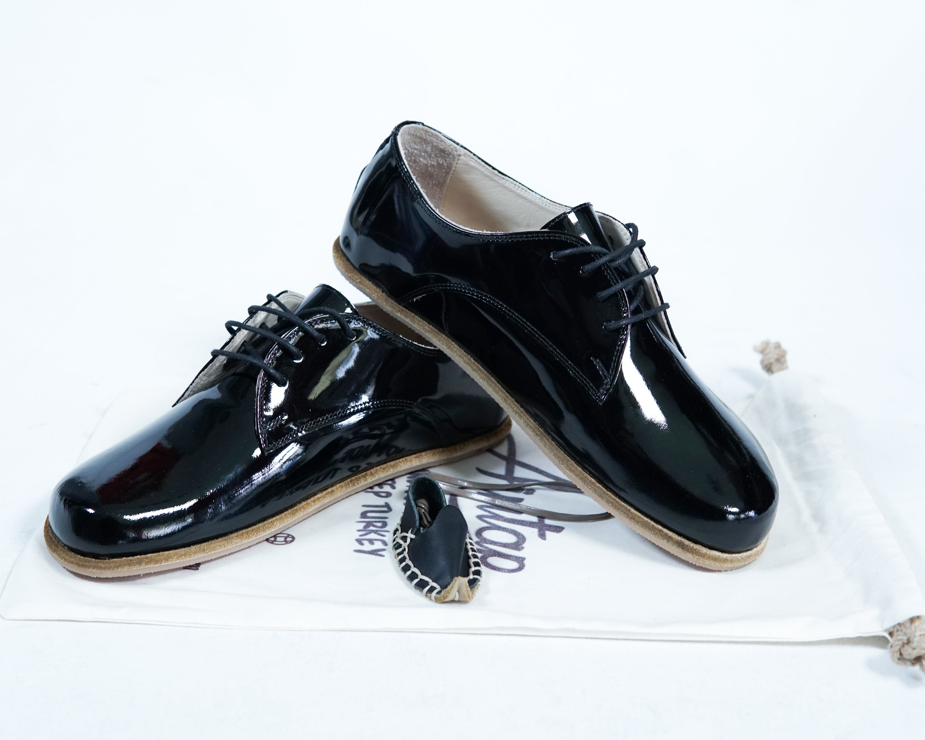 Black Oxford Wide Barefoot Patent Leather Handmade Shoes