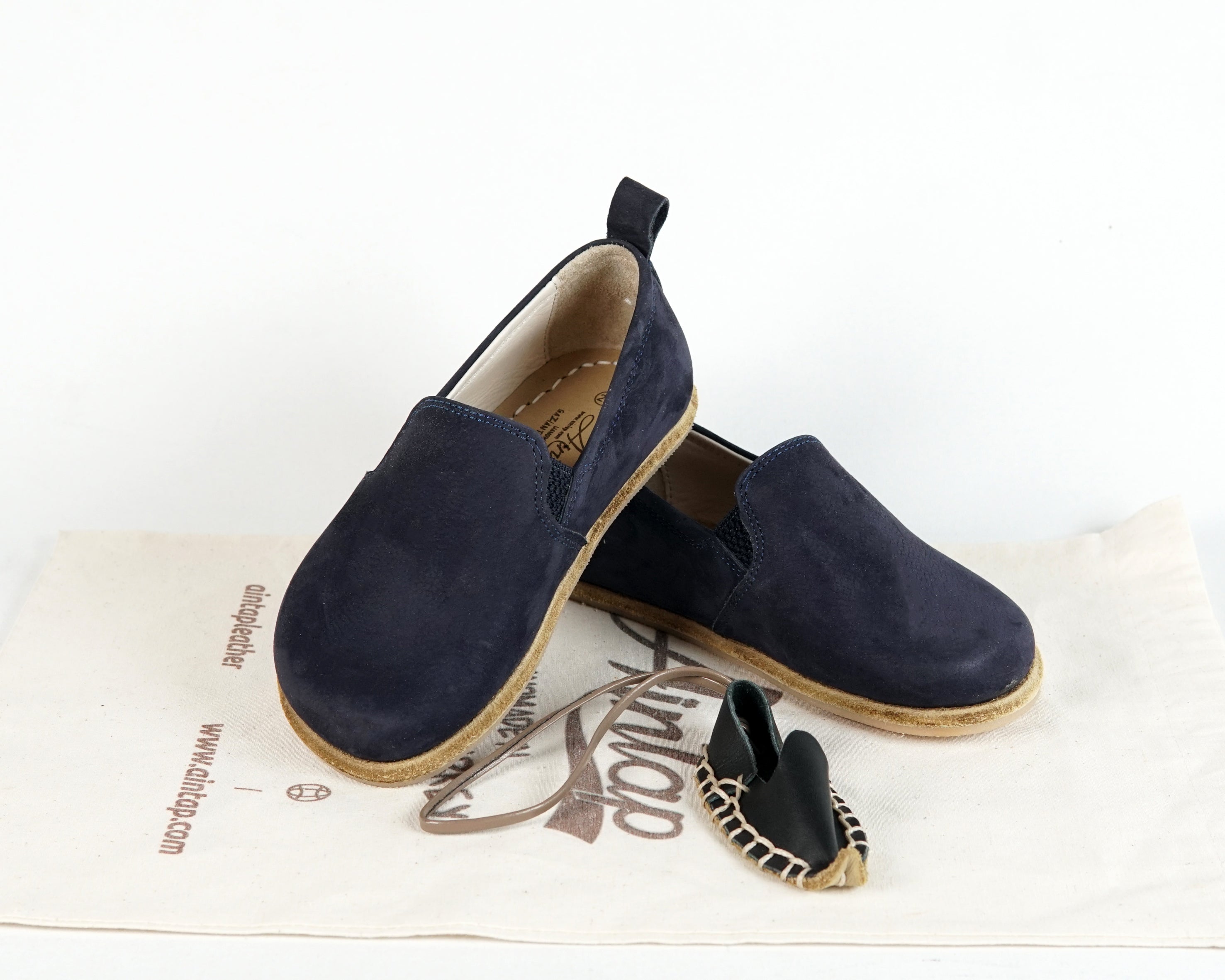 Navy Blue Kids Slip-On Wide Barefoot Shoes Nubuck Leather Handmade Leather & Rubber Sole 