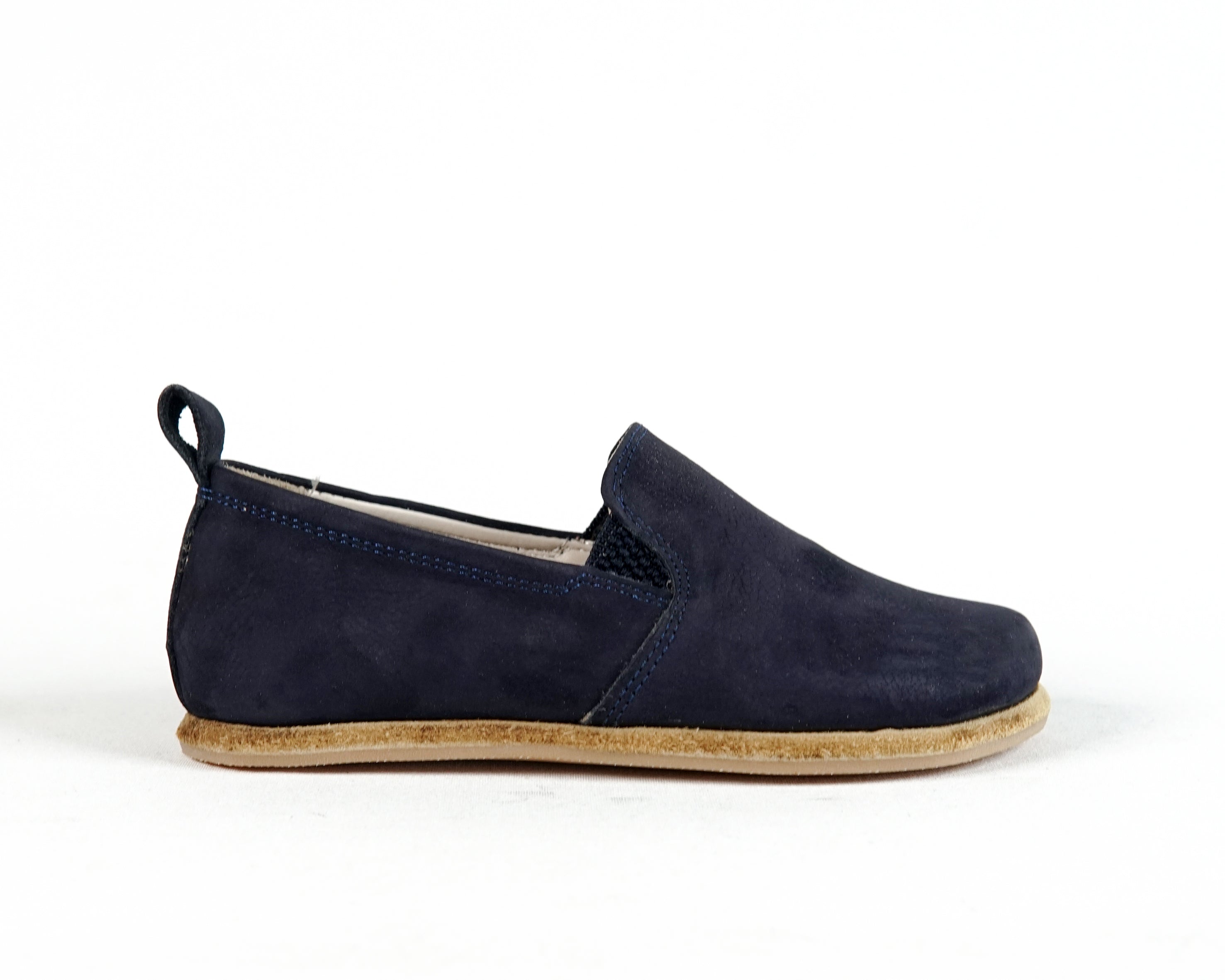 Navy Blue Kids Slip-On Wide Barefoot Shoes Nubuck Leather Handmade Leather & Rubber Sole