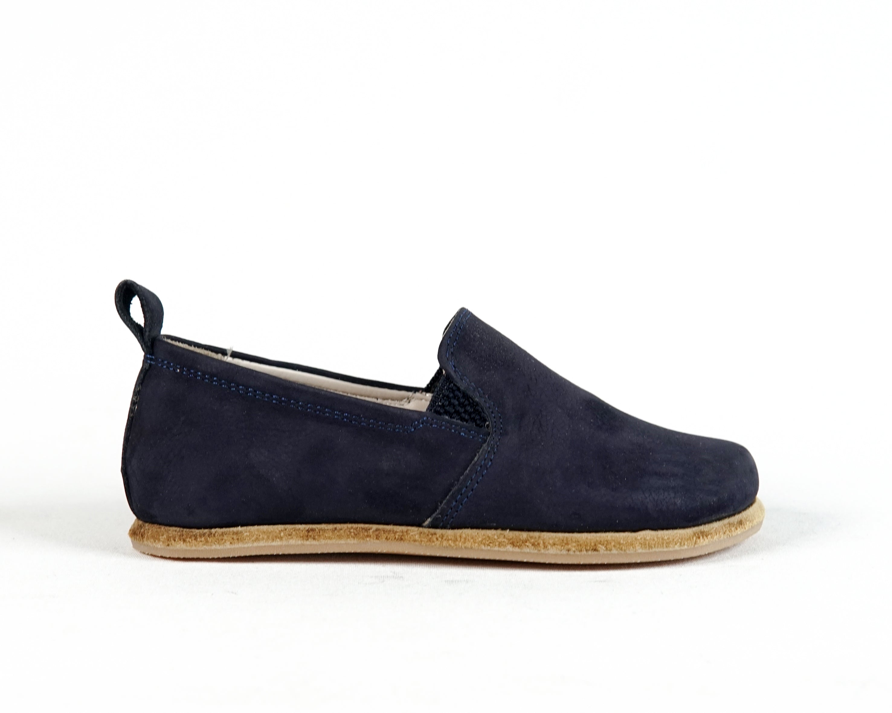 Navy Blue Kids Slip-On Wide Barefoot Shoes Nubuck Leather Handmade Leather & Rubber Sole 