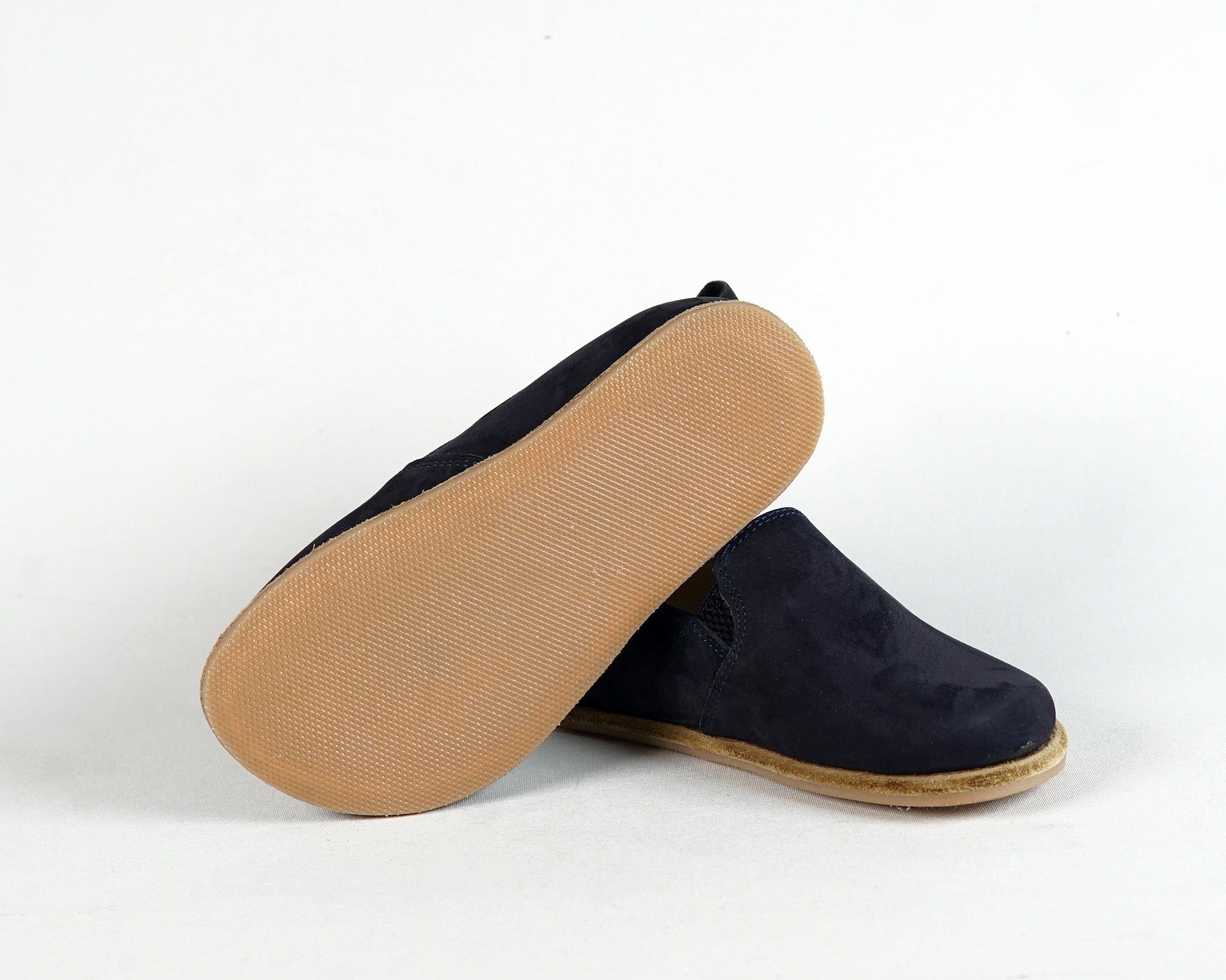 Navy Blue Kids Slip-On Wide Barefoot Shoes Nubuck Leather Handmade Leather & Rubber Sole 