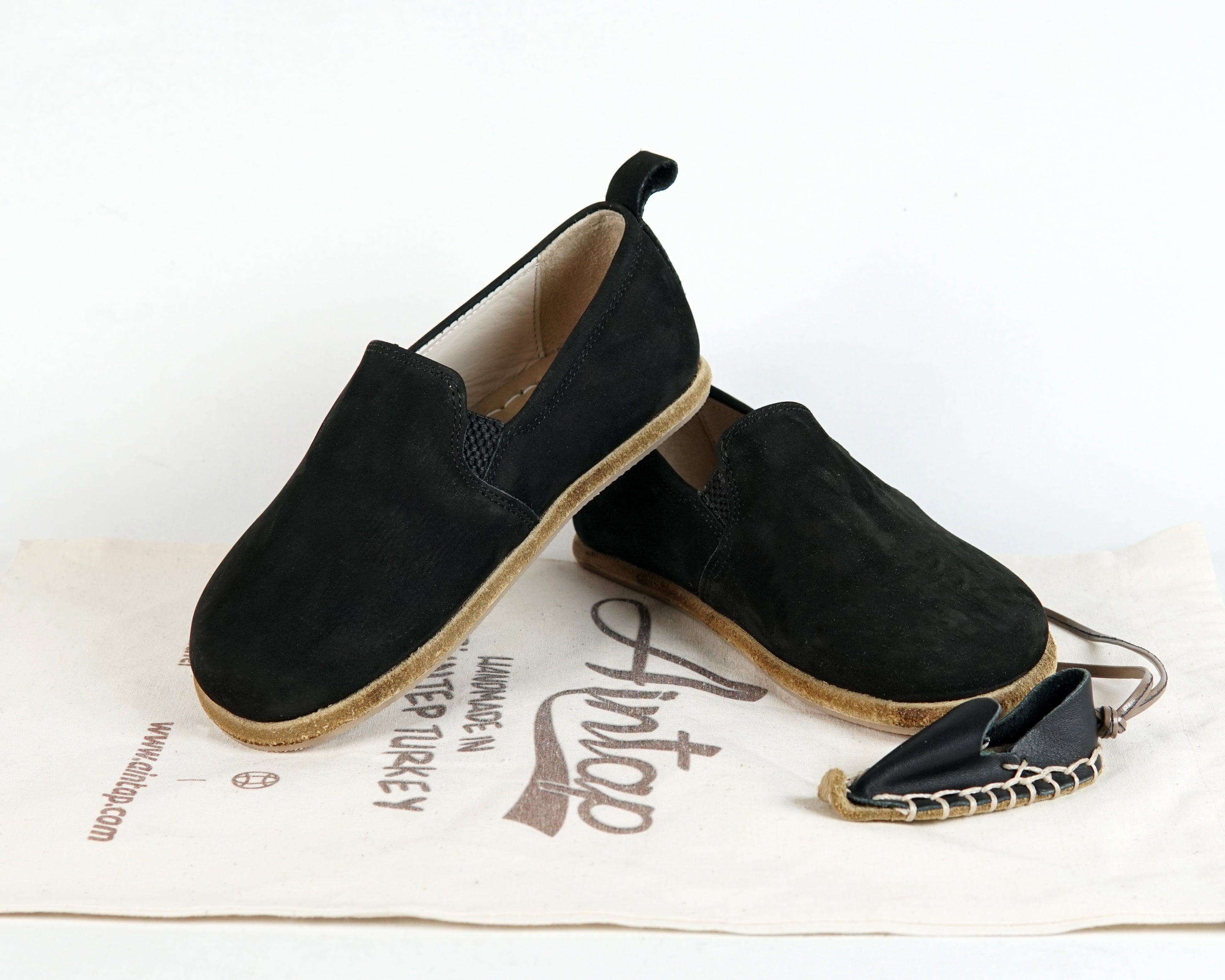 Black Kids Slip-On Wide Barefoot Shoes Nubuck Leather Handmade Leather & Rubber Sole