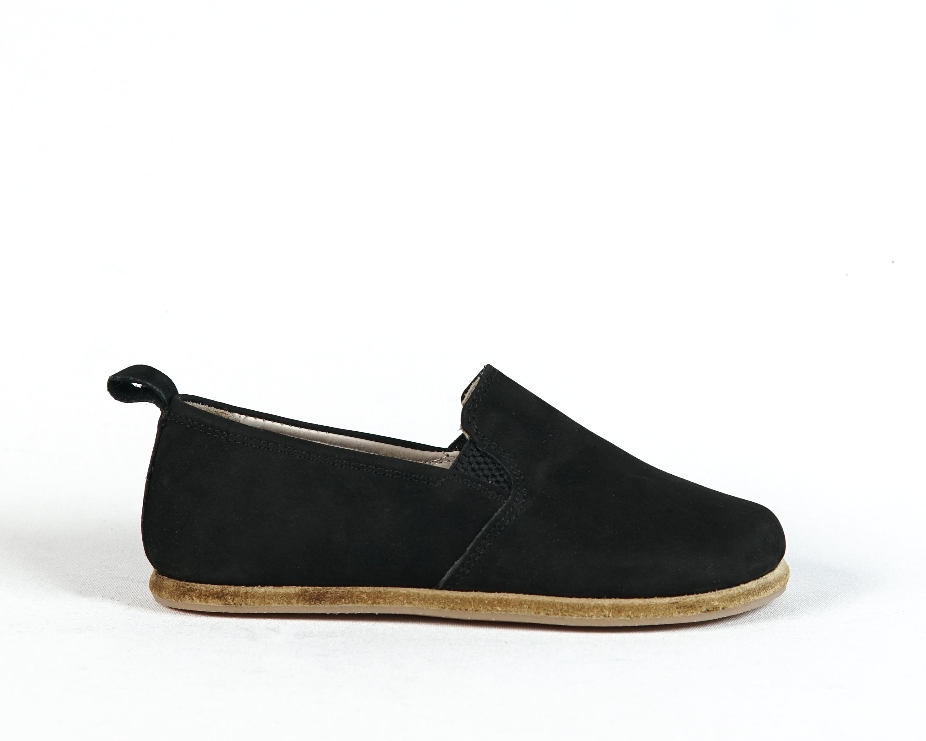 Black Kids Slip-On Wide Barefoot Shoes Nubuck Leather Handmade Leather & Rubber Sole