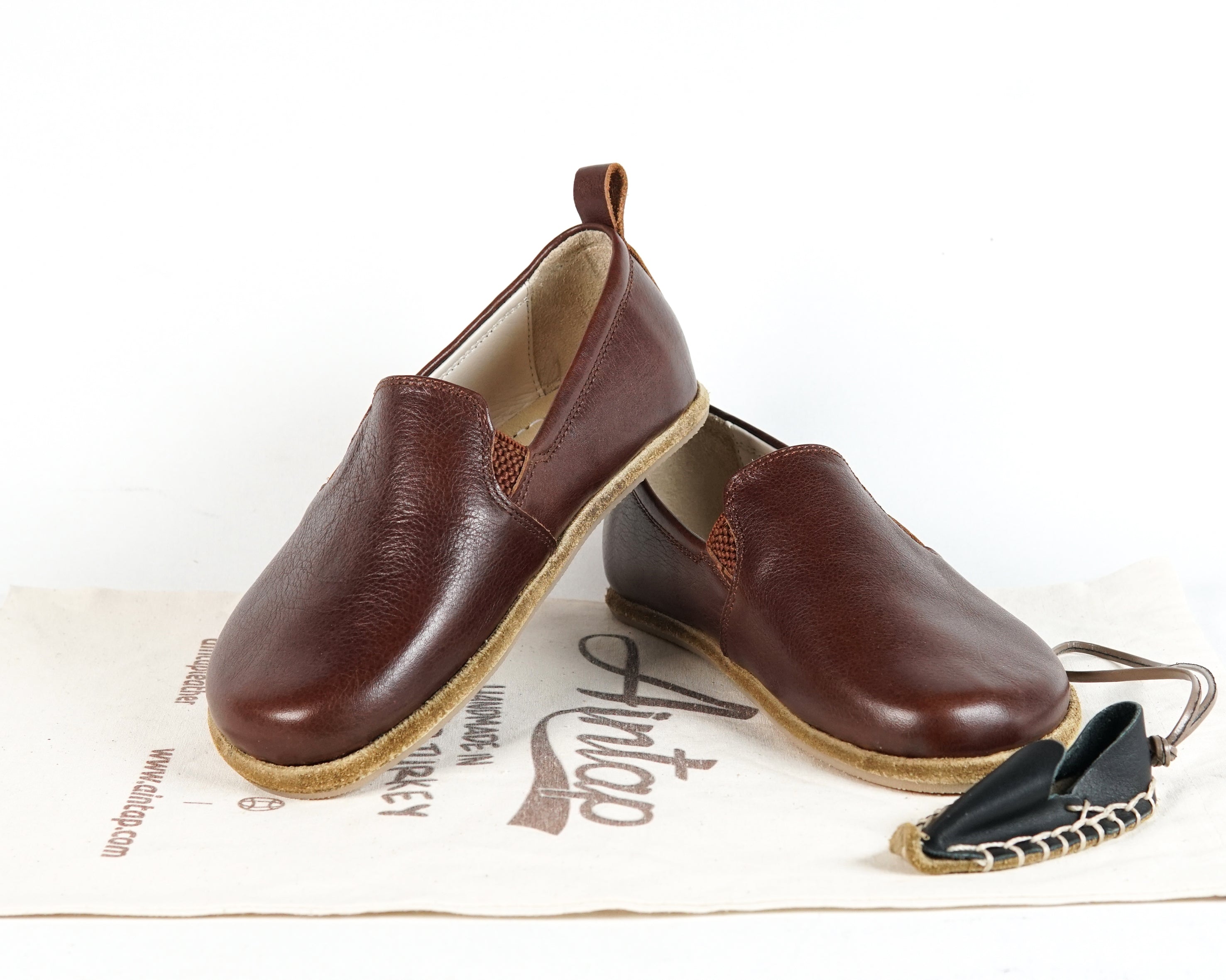 Dark Brown Kids Slip-On Wide Barefoot Shoes Smooth Leather Handmade Leather & Rubber Sole