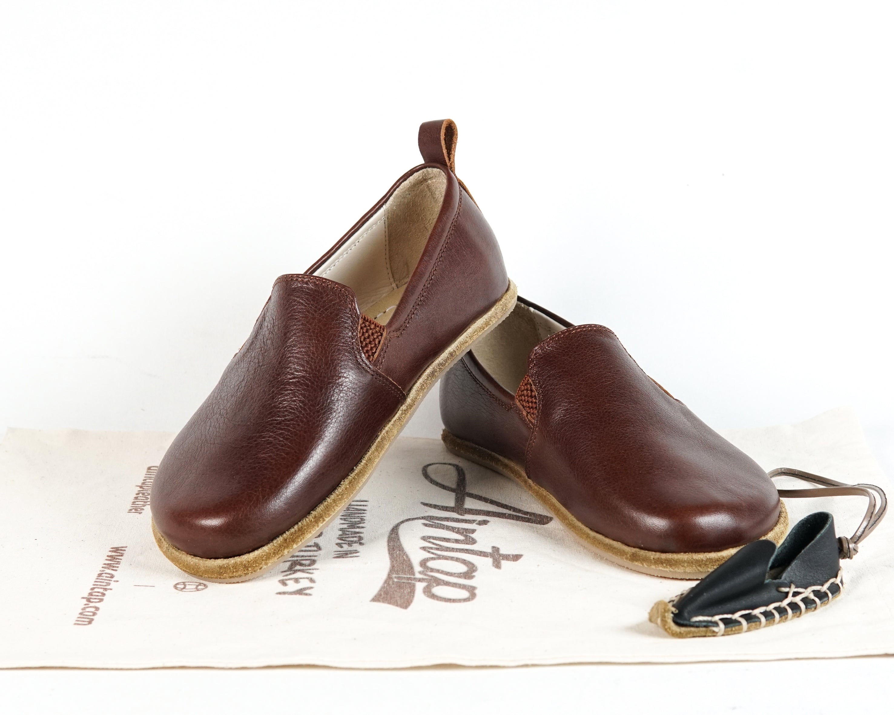 Dark Brown Kids Slip-On Wide Barefoot Shoes Smooth Leather Handmade Leather & Rubber Sole 