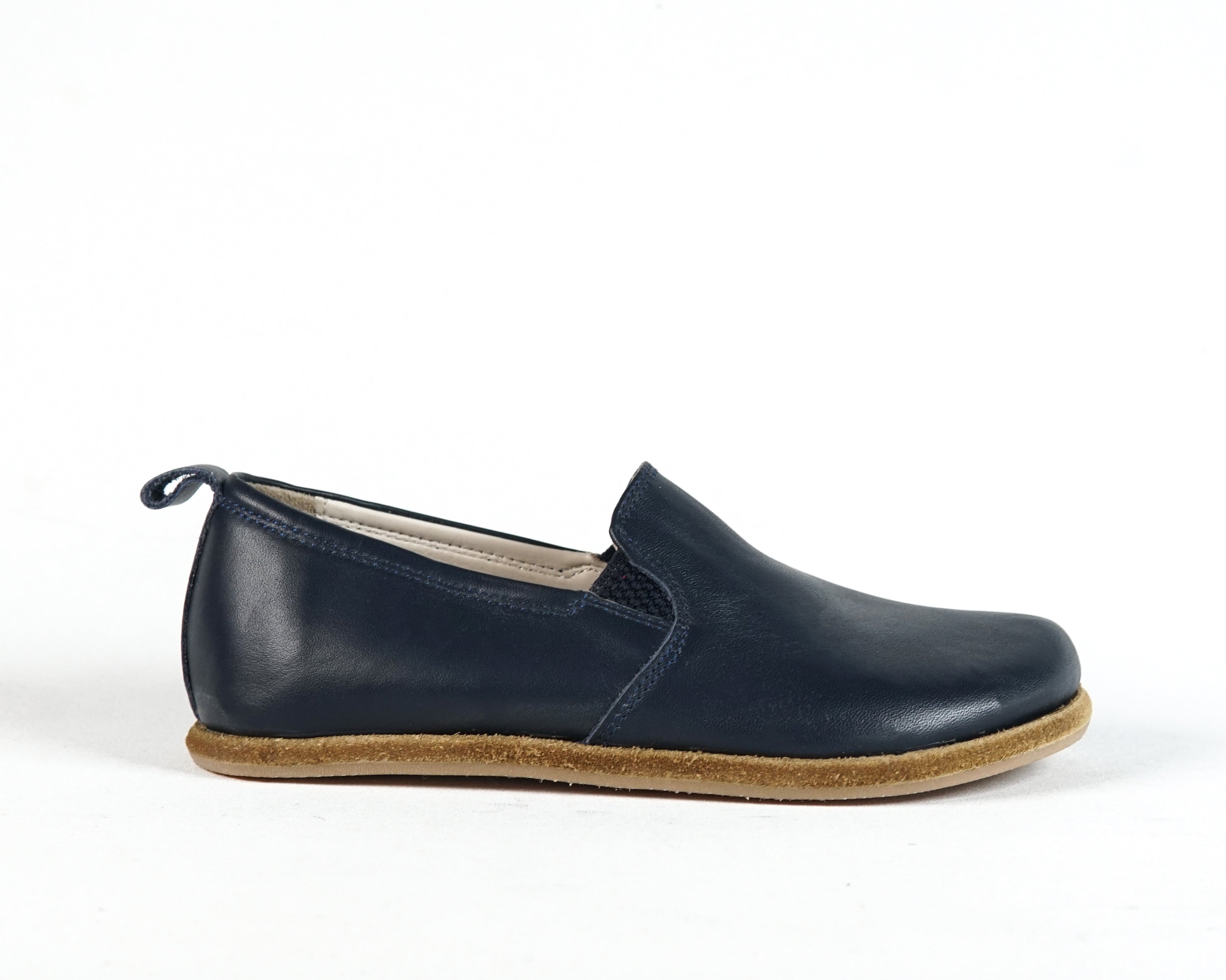Navy Blue Kids Slip-On Wide Barefoot Shoes Smooth Leather Handmade Leather & Rubber Sole 