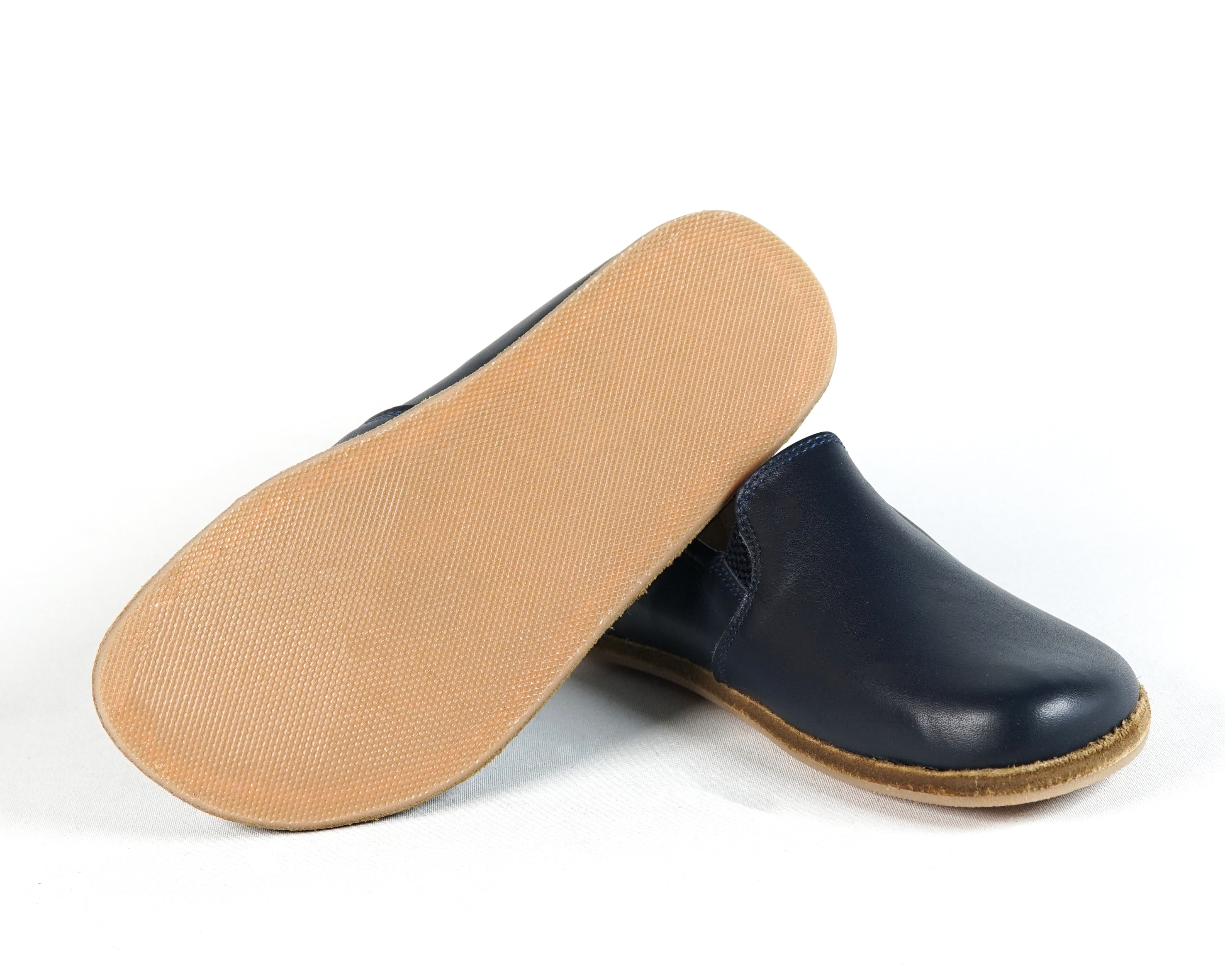 Navy Blue Kids Slip-On Wide Barefoot Shoes Smooth Leather Handmade Leather & Rubber Sole 