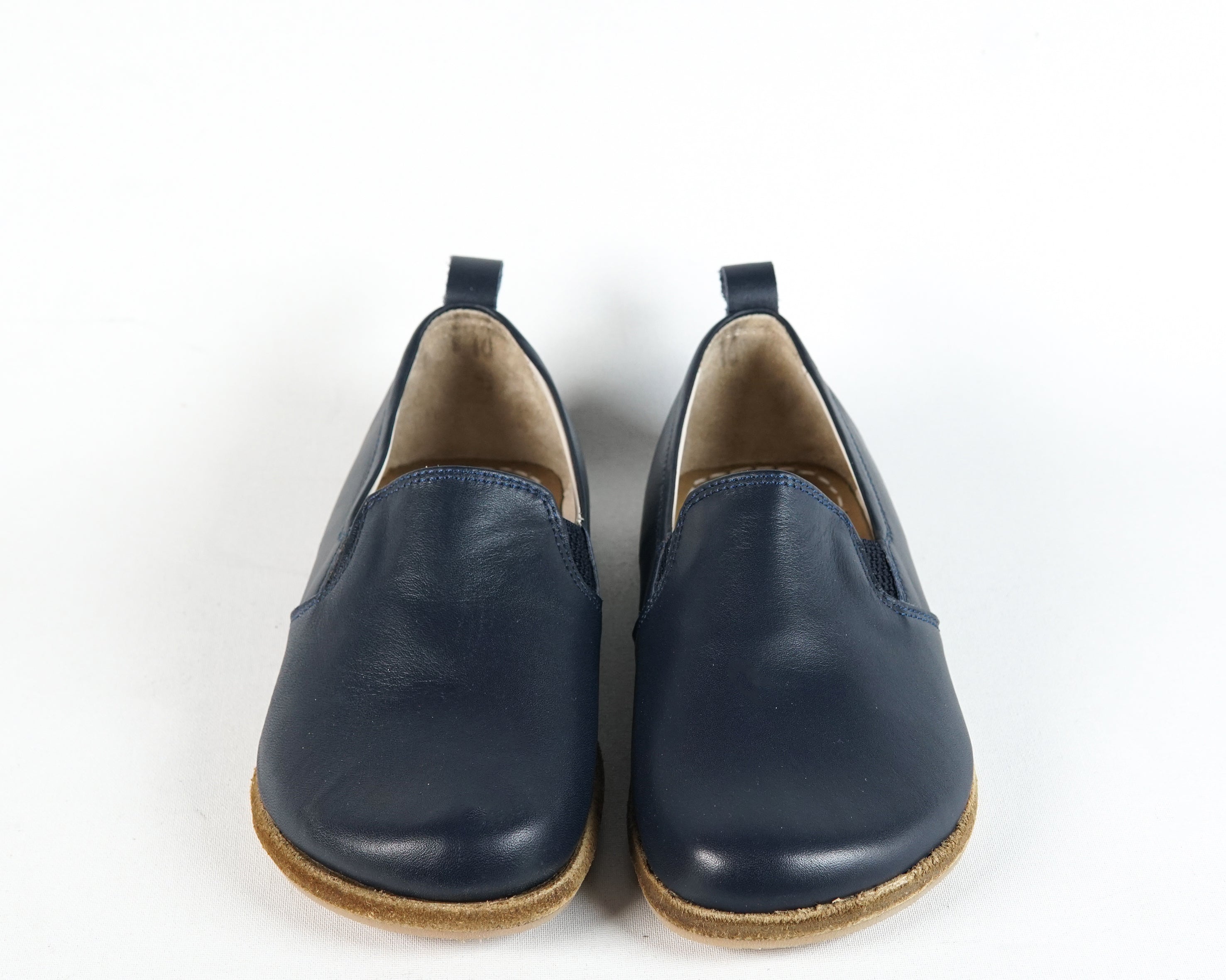 Navy Blue Kids Slip-On Wide Barefoot Shoes Smooth Leather Handmade Leather & Rubber Sole