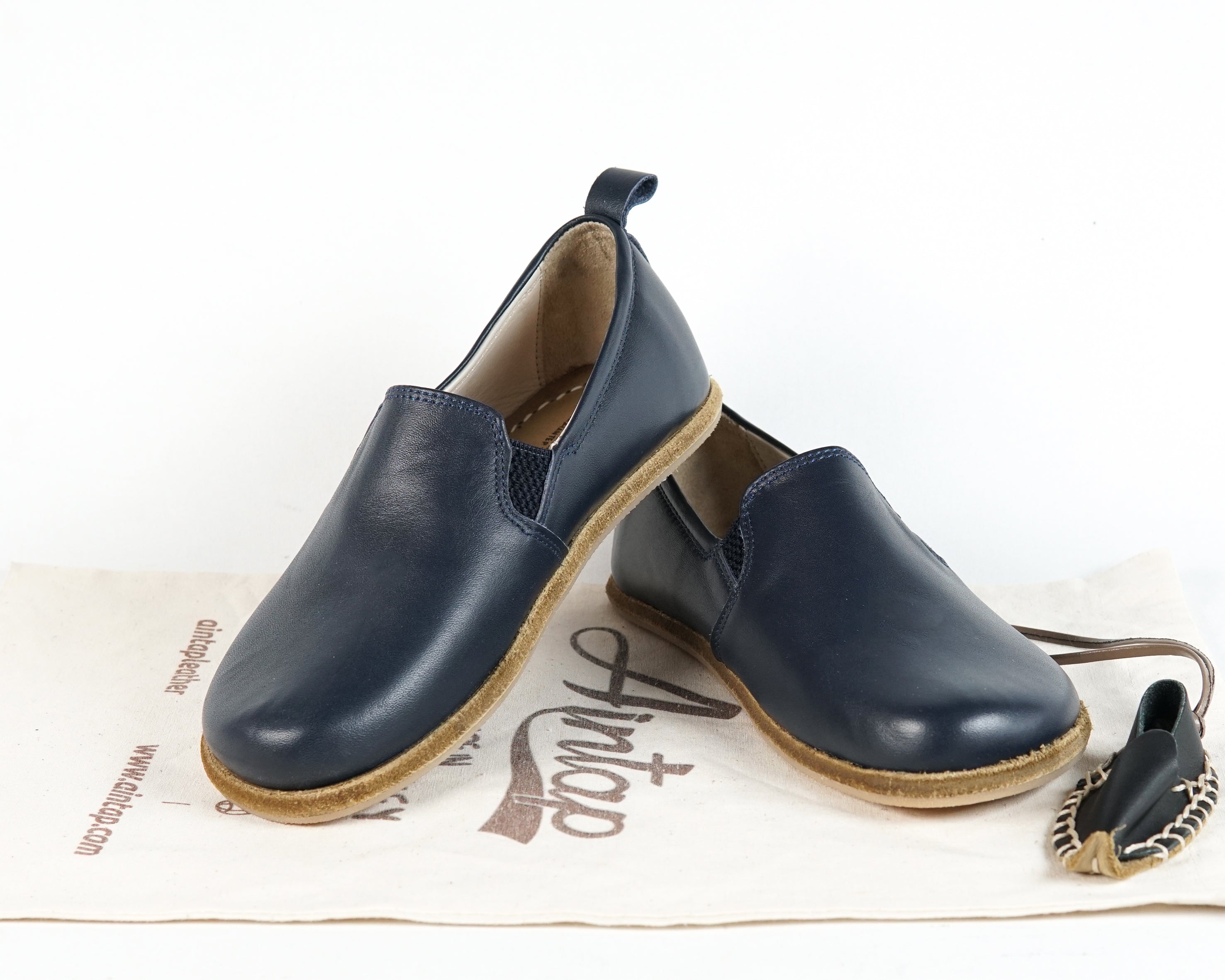 Navy Blue Kids Slip-On Wide Barefoot Shoes Smooth Leather Handmade Leather & Rubber Sole