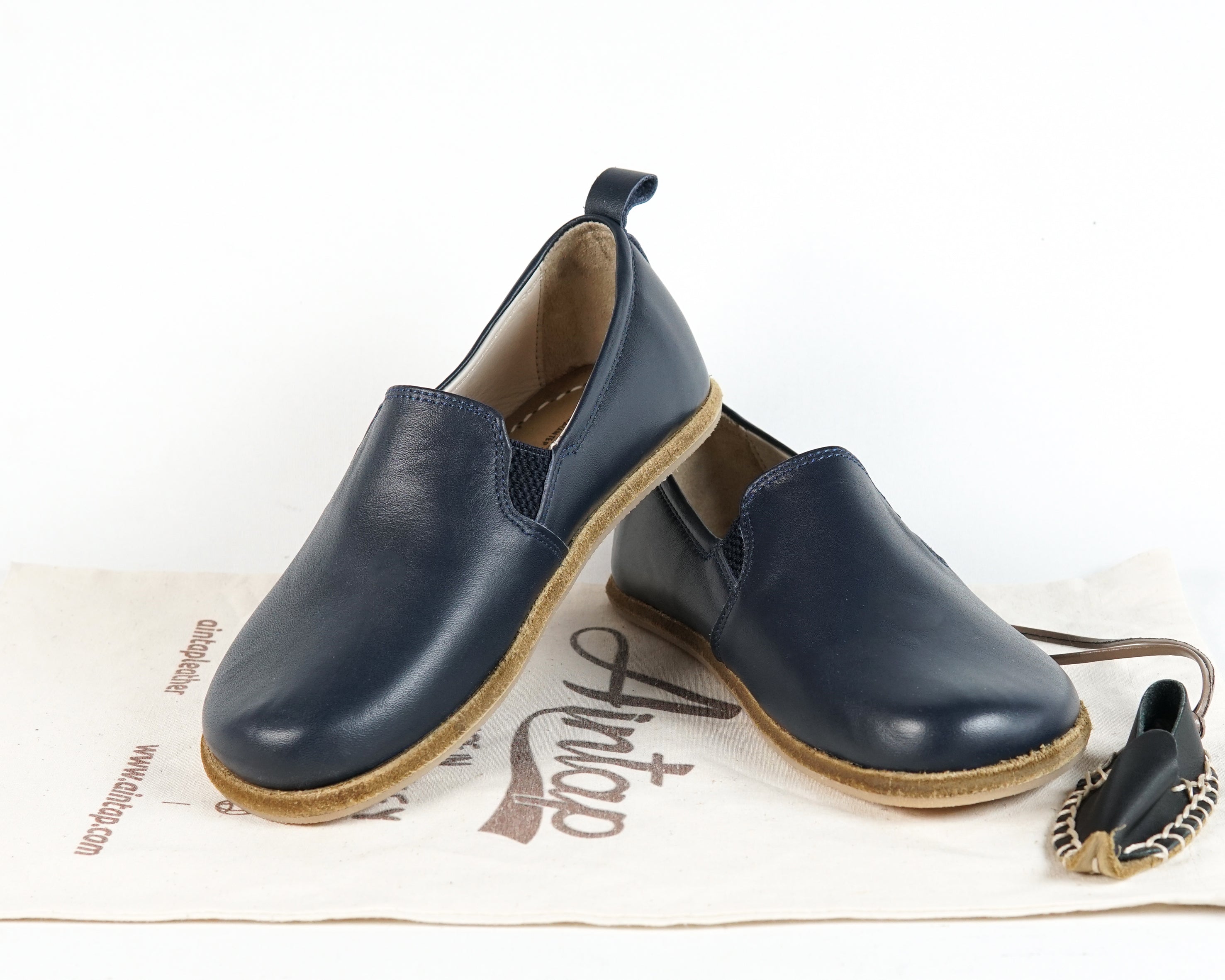 Navy Blue Kids Slip-On Wide Barefoot Shoes Smooth Leather Handmade Leather & Rubber Sole 