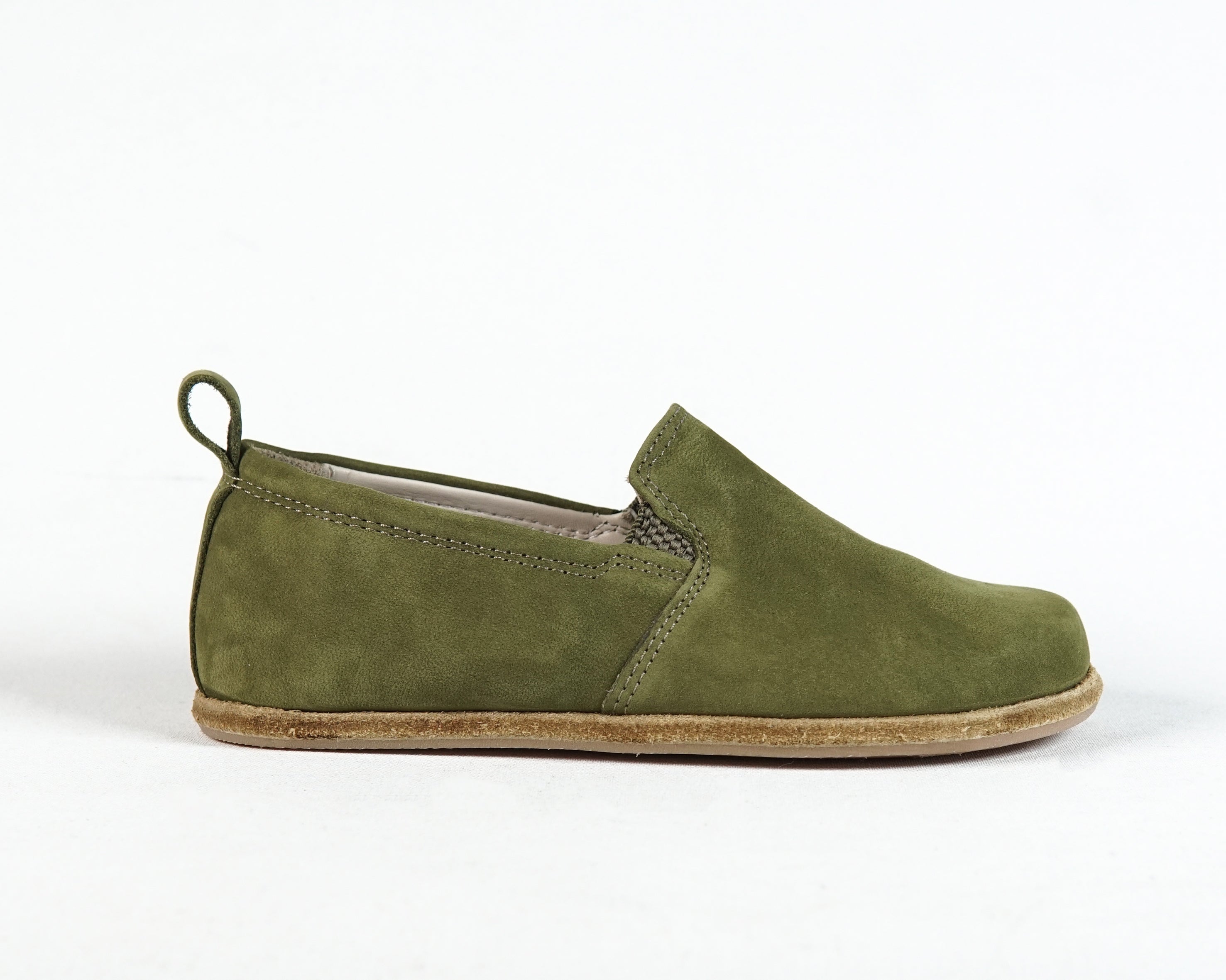 Green Kids Slip-On Wide Barefoot Shoes Nubuck Leather Handmade Leather & Rubber Sole