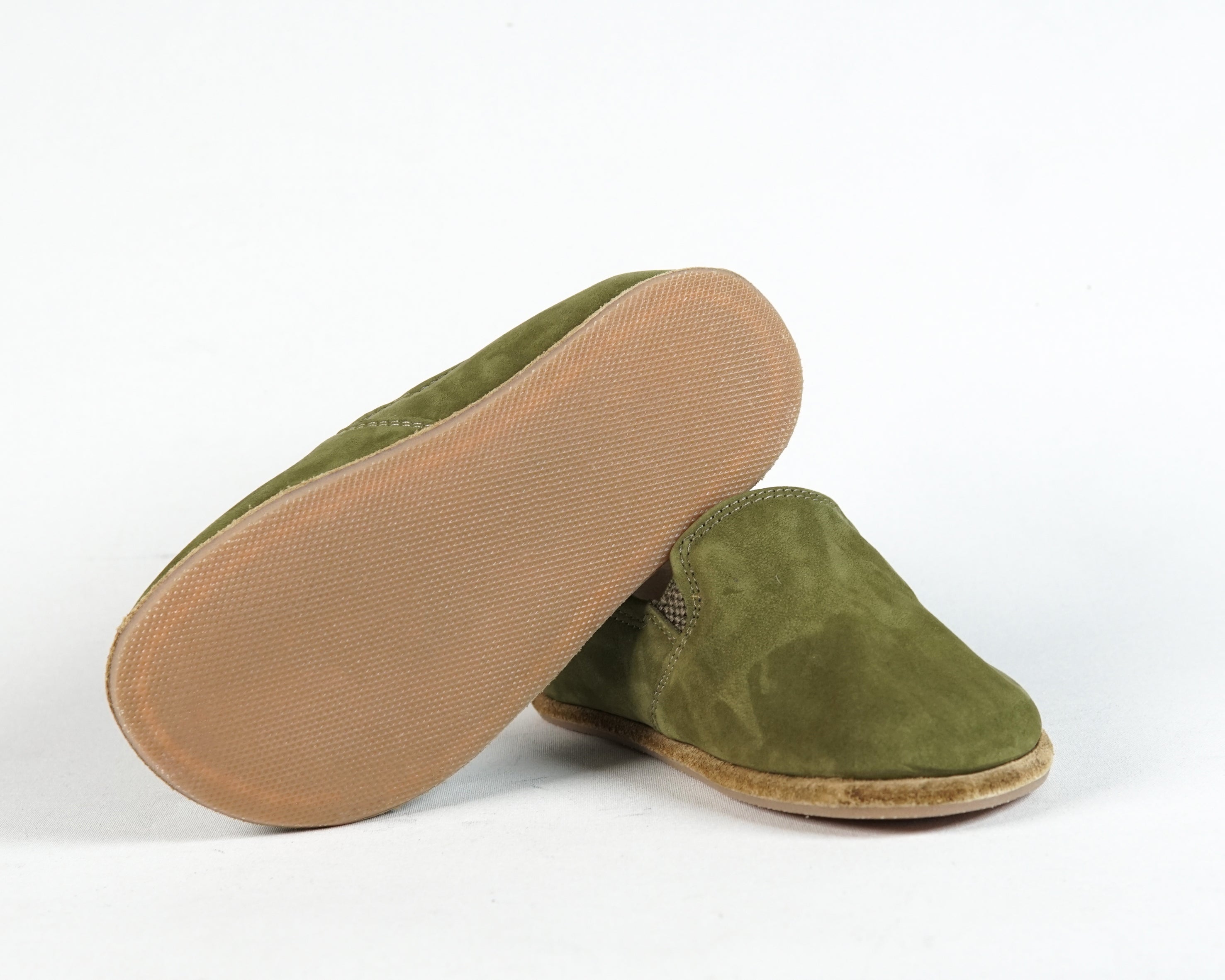 Green Kids Slip-On Wide Barefoot Shoes Nubuck Leather Handmade Leather & Rubber Sole