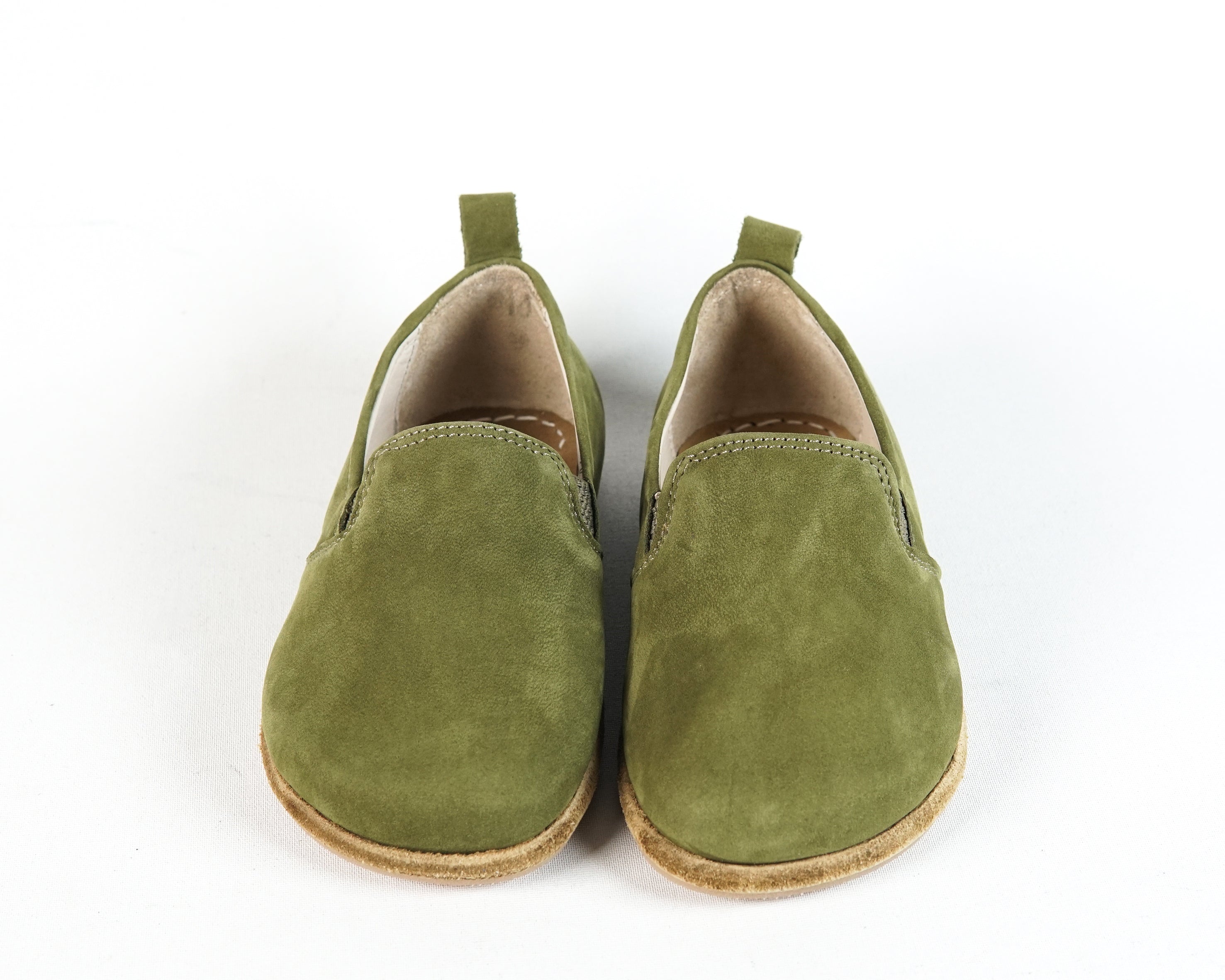 Green Kids Slip-On Wide Barefoot Shoes Nubuck Leather Handmade Leather & Rubber Sole 
