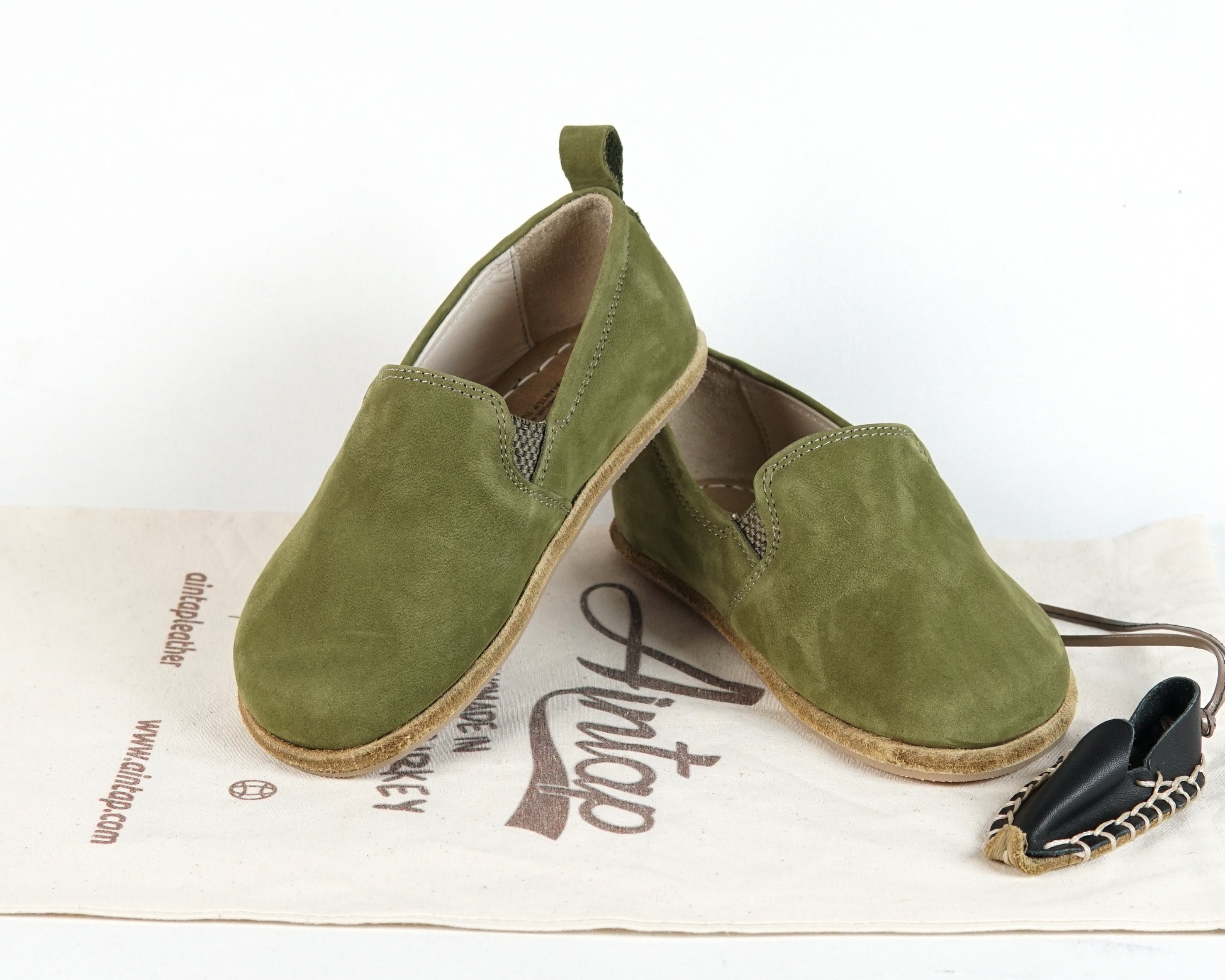 Green Kids Slip-On Wide Barefoot Shoes Nubuck Leather Handmade Leather & Rubber Sole 