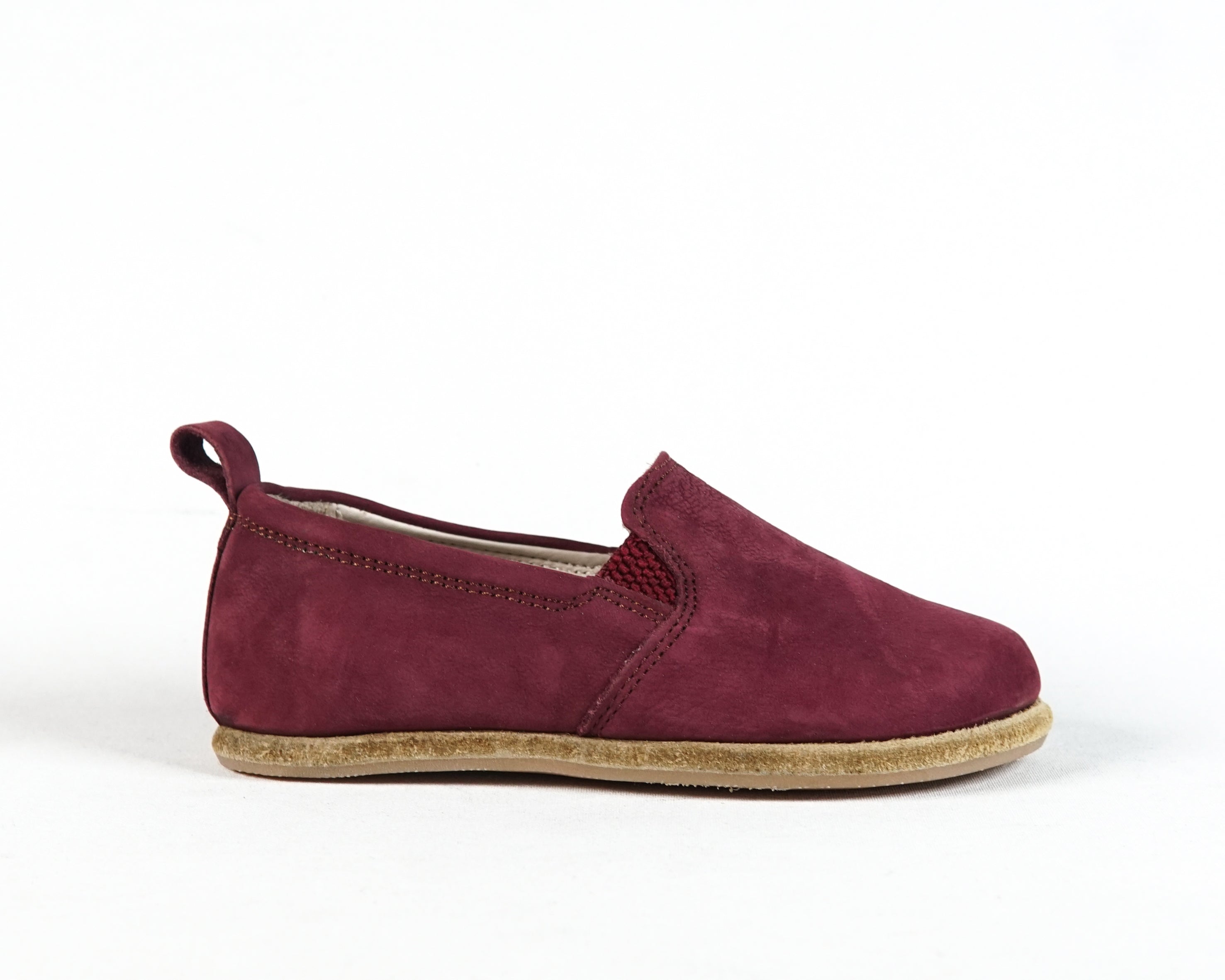 Burgundy Kids Slip-On Wide Barefoot Shoes Nubuck Leather Handmade Leather & Rubber Sole 