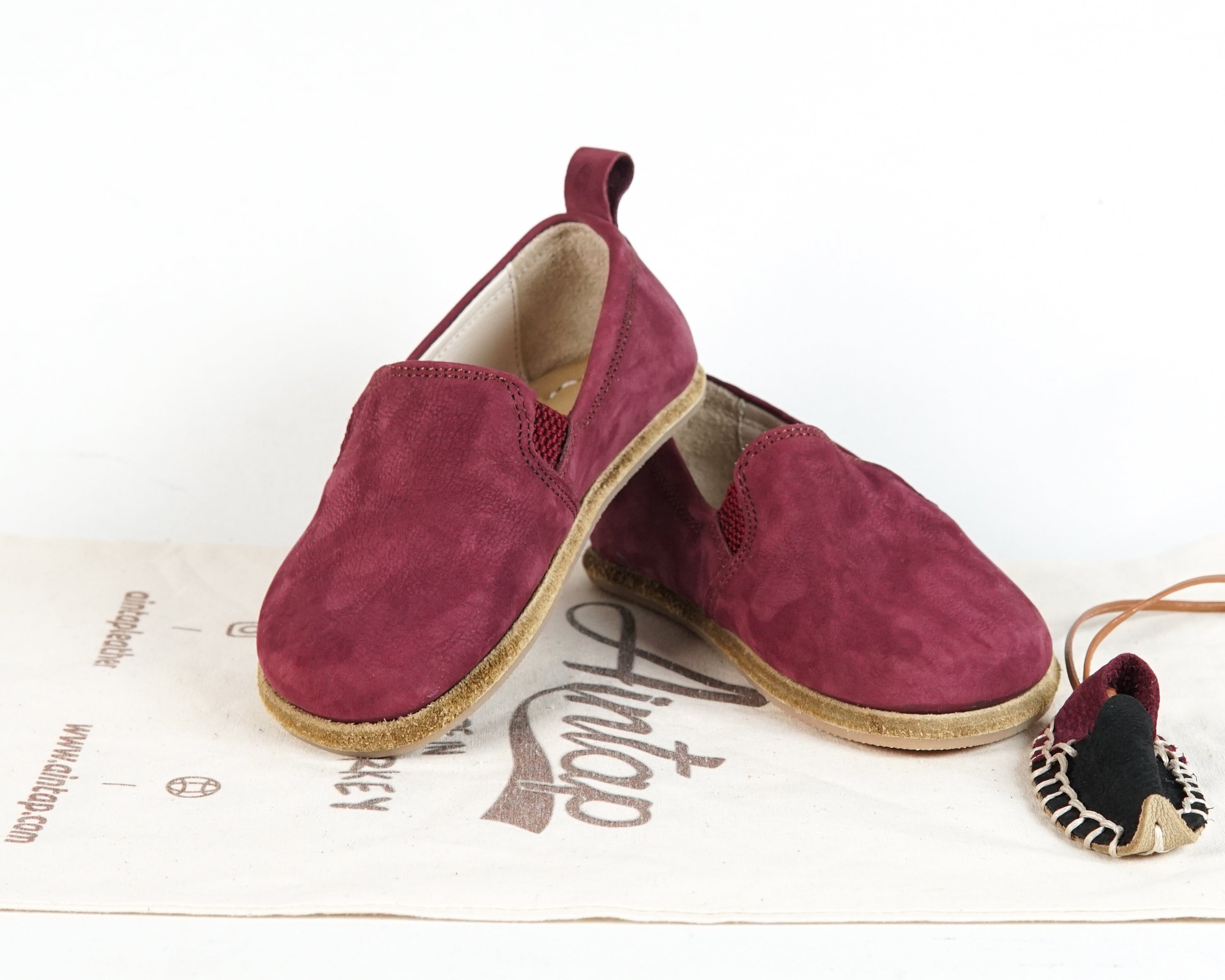Burgundy Kids Slip-On Wide Barefoot Shoes Nubuck Leather Handmade Leather & Rubber Sole 