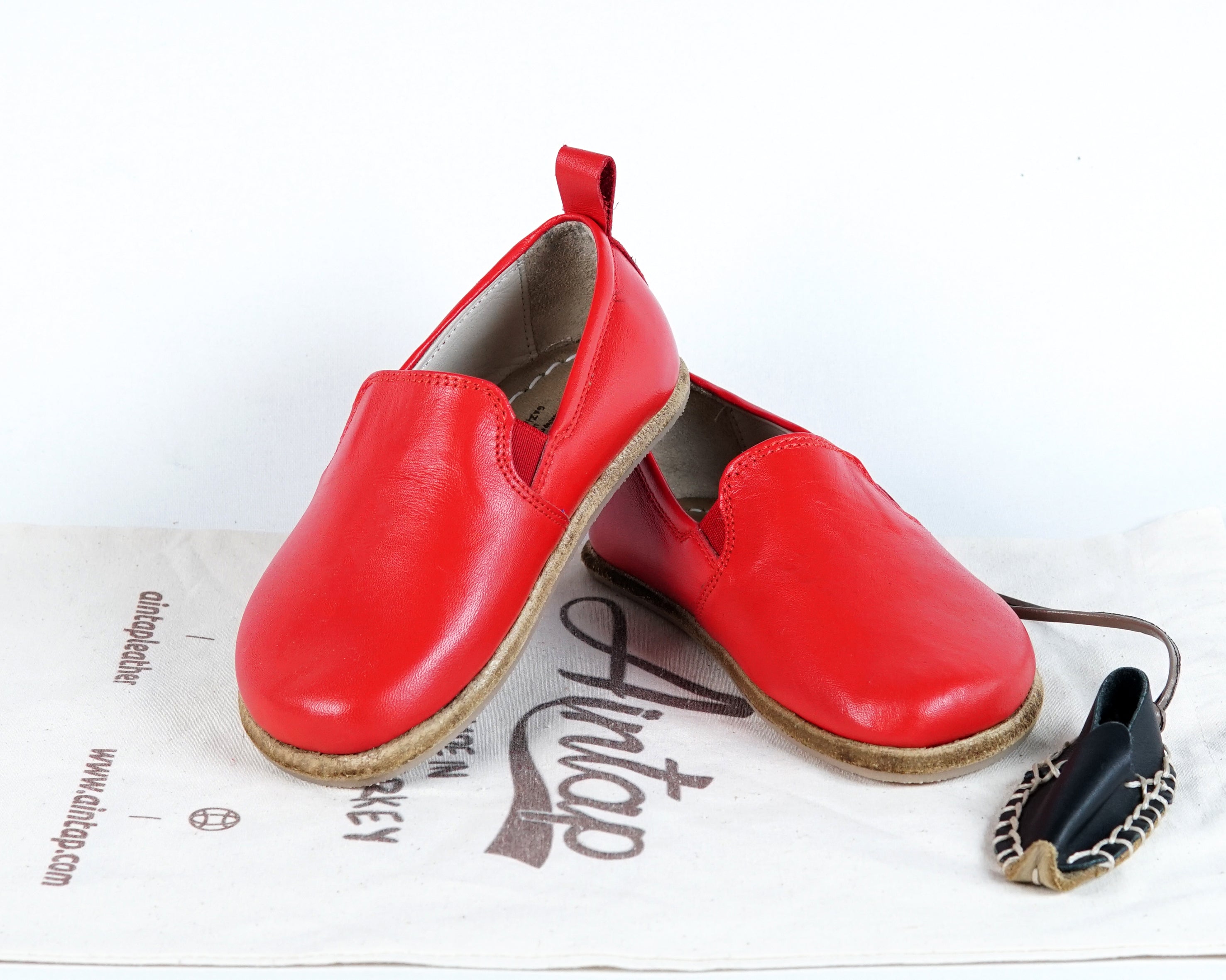 Red Kids Slip-On Wide Barefoot Shoes Smooth Leather Handmade Leather & Rubber Sole 