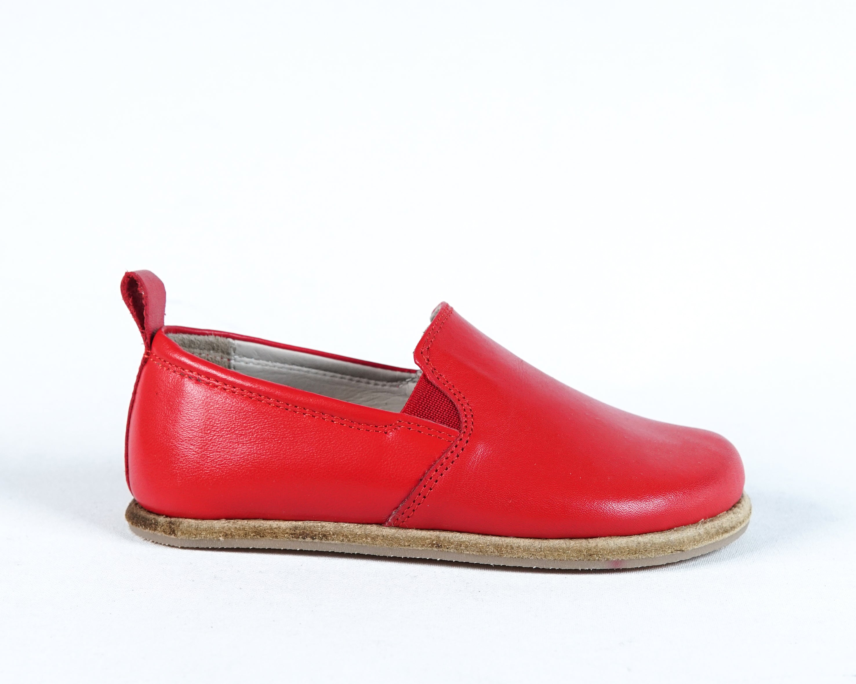 Red Kids Slip-On Wide Barefoot Shoes Smooth Leather Handmade Leather & Rubber Sole