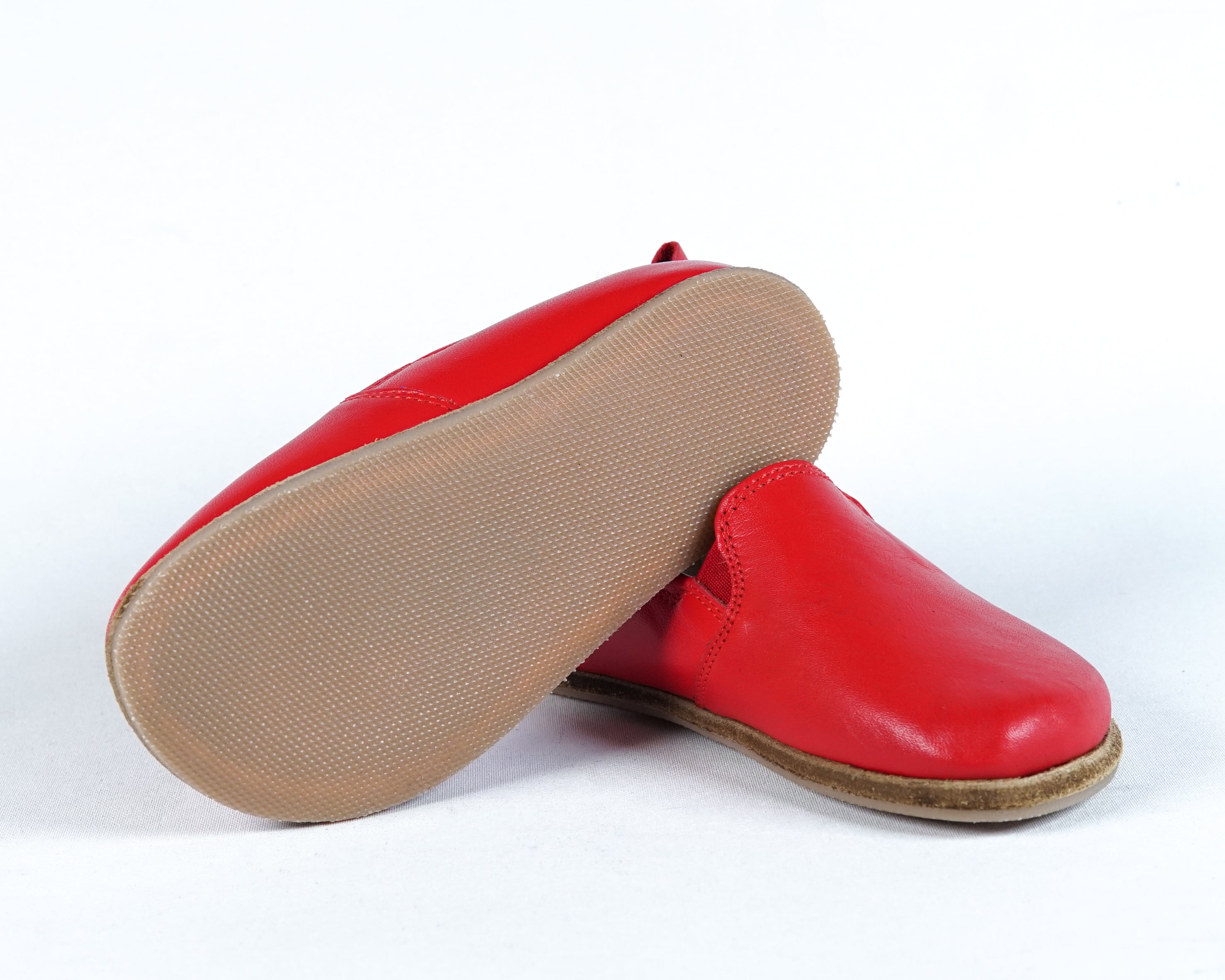 Red Kids Slip-On Wide Barefoot Shoes Smooth Leather Handmade Leather & Rubber Sole