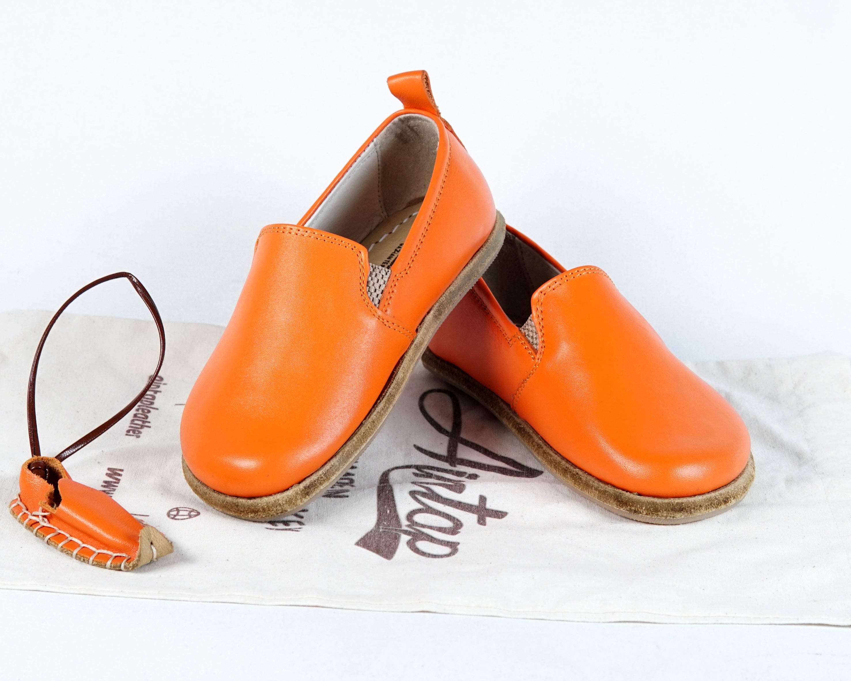 Orange Kids Slip-On Wide Barefoot Shoes Smooth Leather Handmade Leather & Rubber Sole