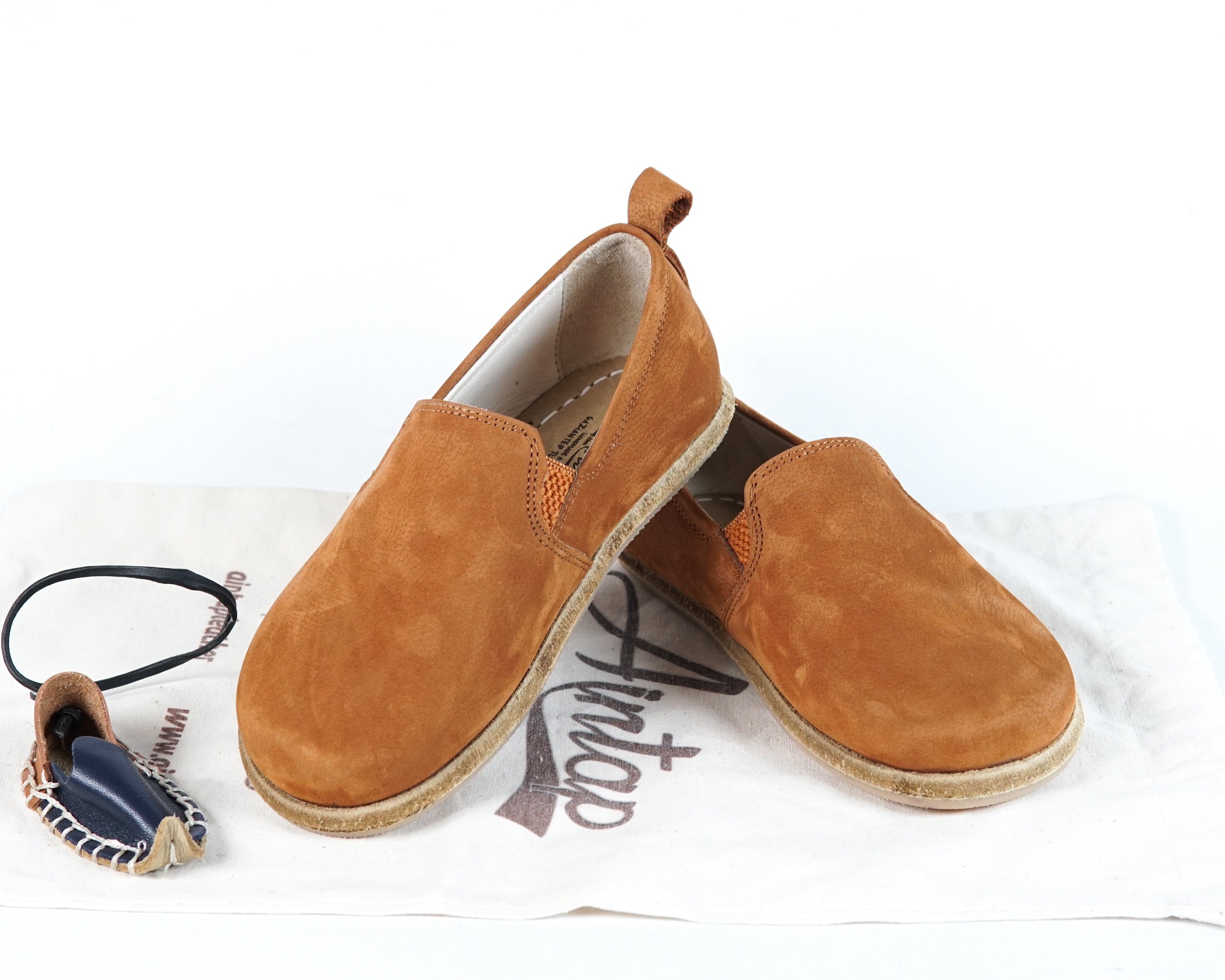 Tan Kids Slip-On Wide Barefoot Shoes Nubuck Leather Handmade Leather & Rubber Sole 
