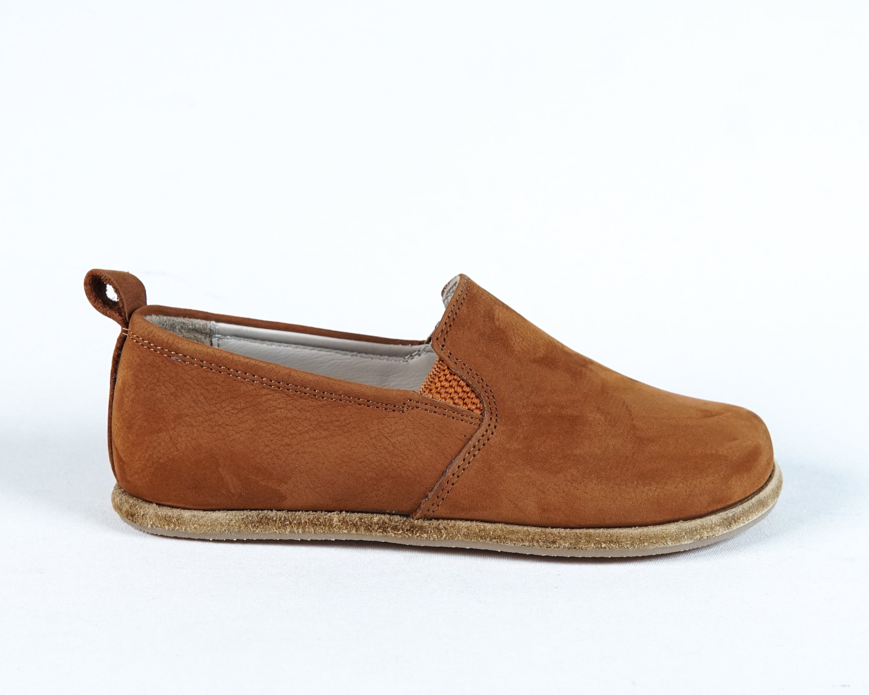 Tan Kids Slip-On Wide Barefoot Shoes Nubuck Leather Handmade Leather & Rubber Sole 