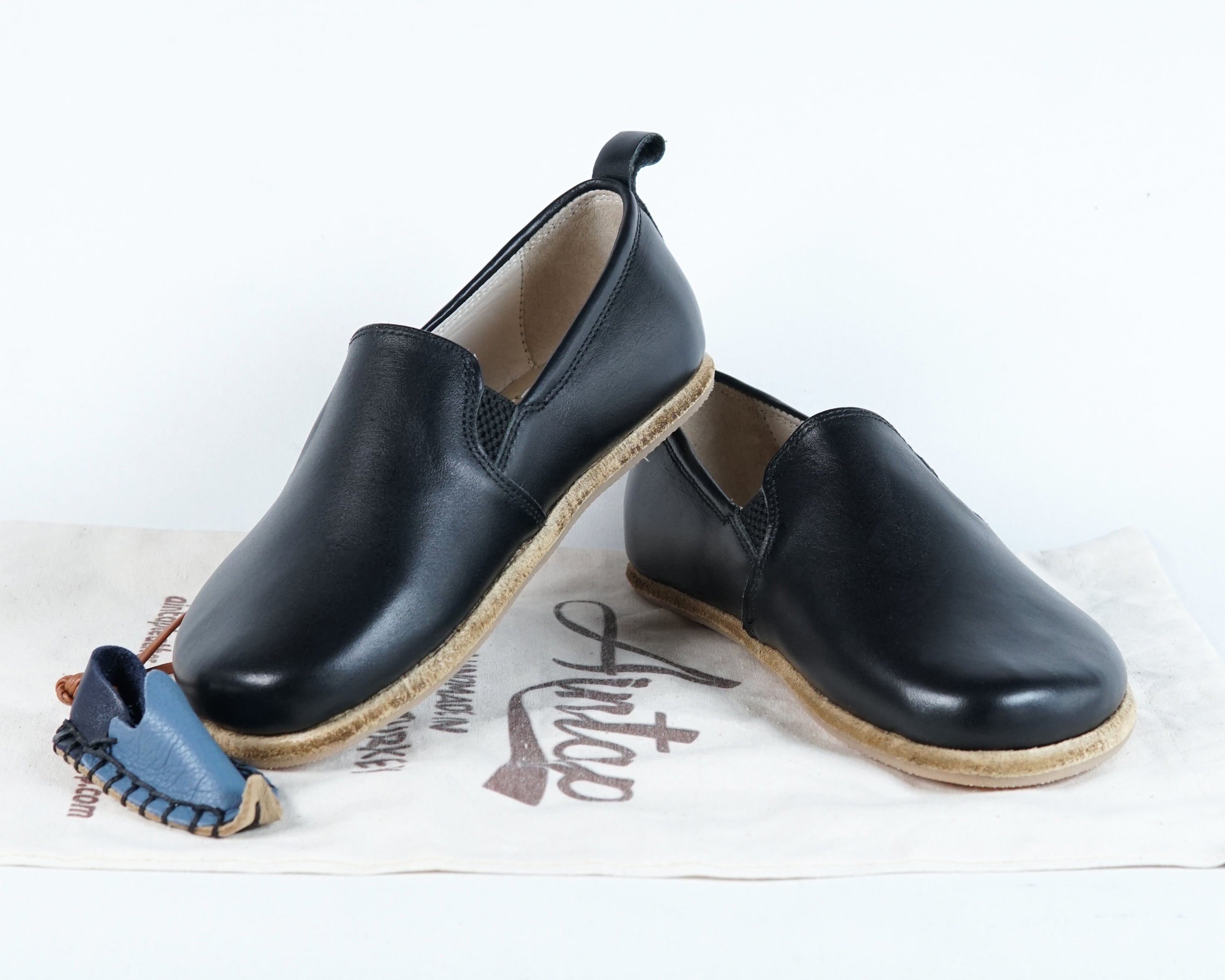 Black Kids Slip-On Wide Barefoot Shoes Smooth Leather Handmade Leather & Rubber Sole 