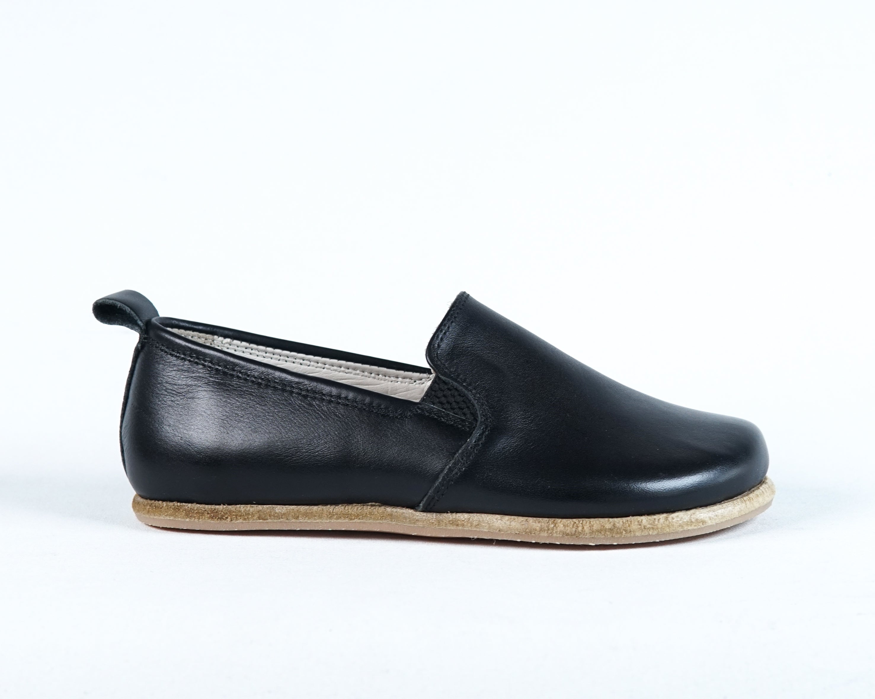 Black Kids Slip-On Wide Barefoot Shoes Smooth Leather Handmade Leather & Rubber Sole