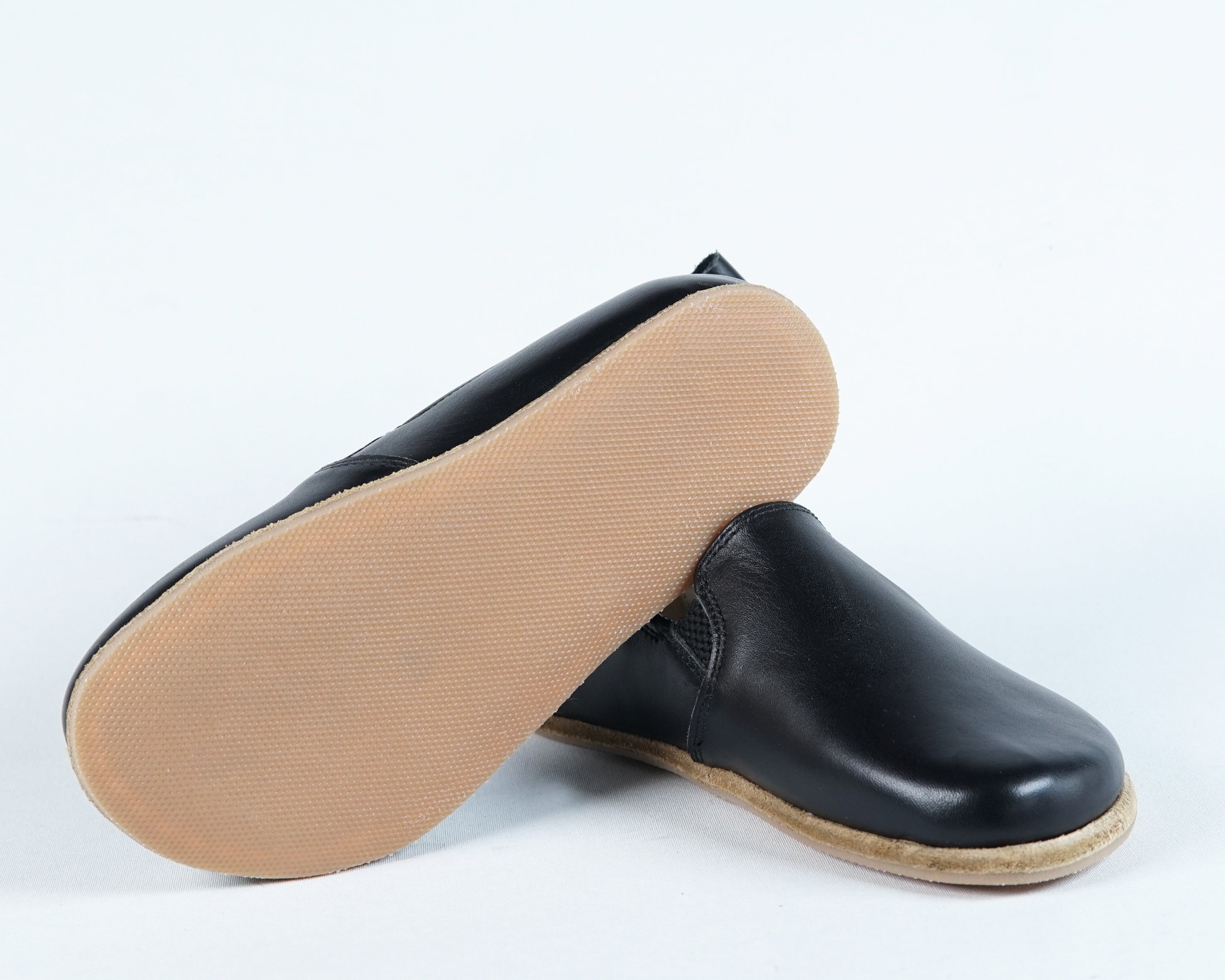 Black Kids Slip-On Wide Barefoot Shoes Smooth Leather Handmade Leather & Rubber Sole 
