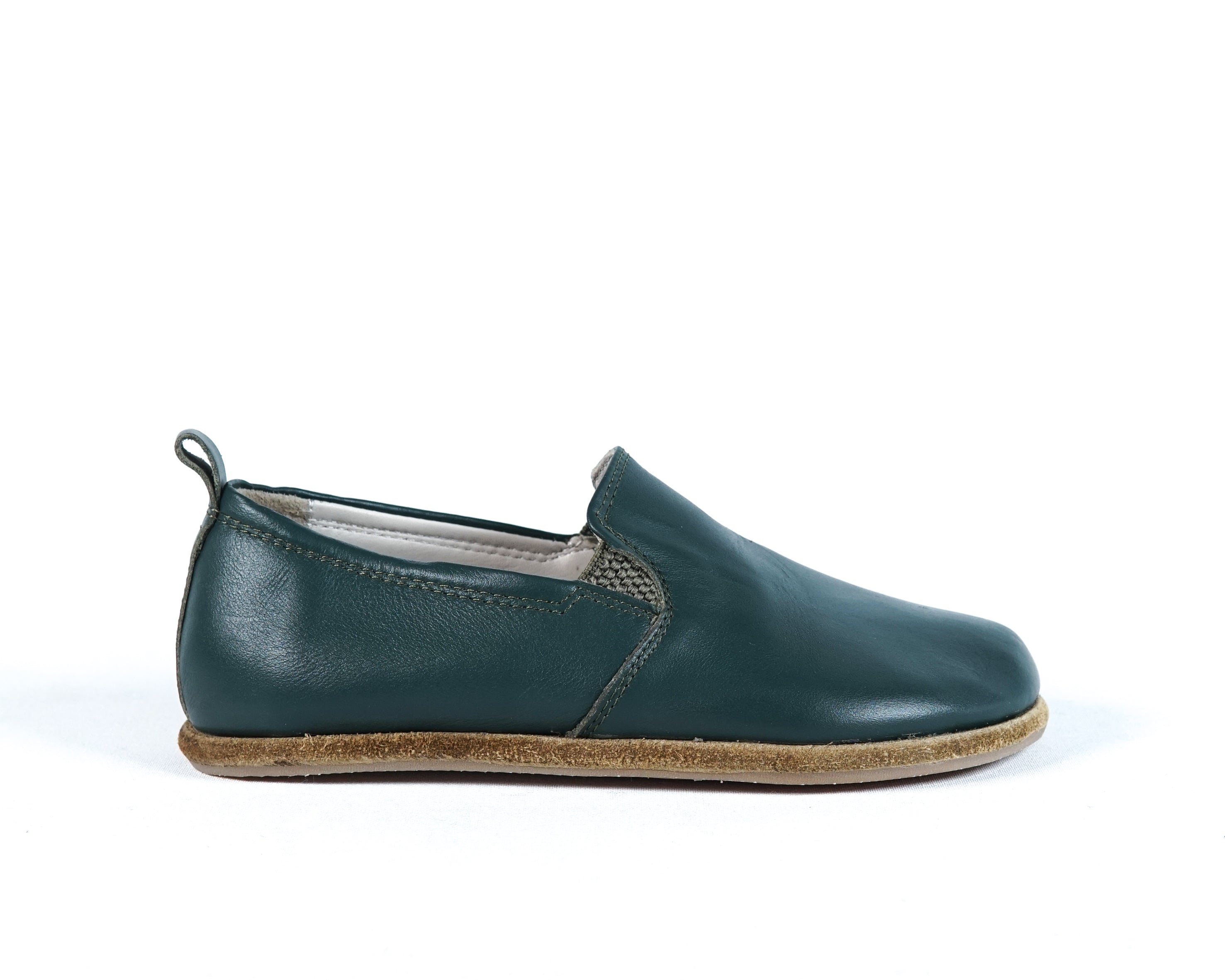 Green Kids Slip-On Wide Barefoot Shoes Smooth Leather Handmade Leather & Rubber Sole 