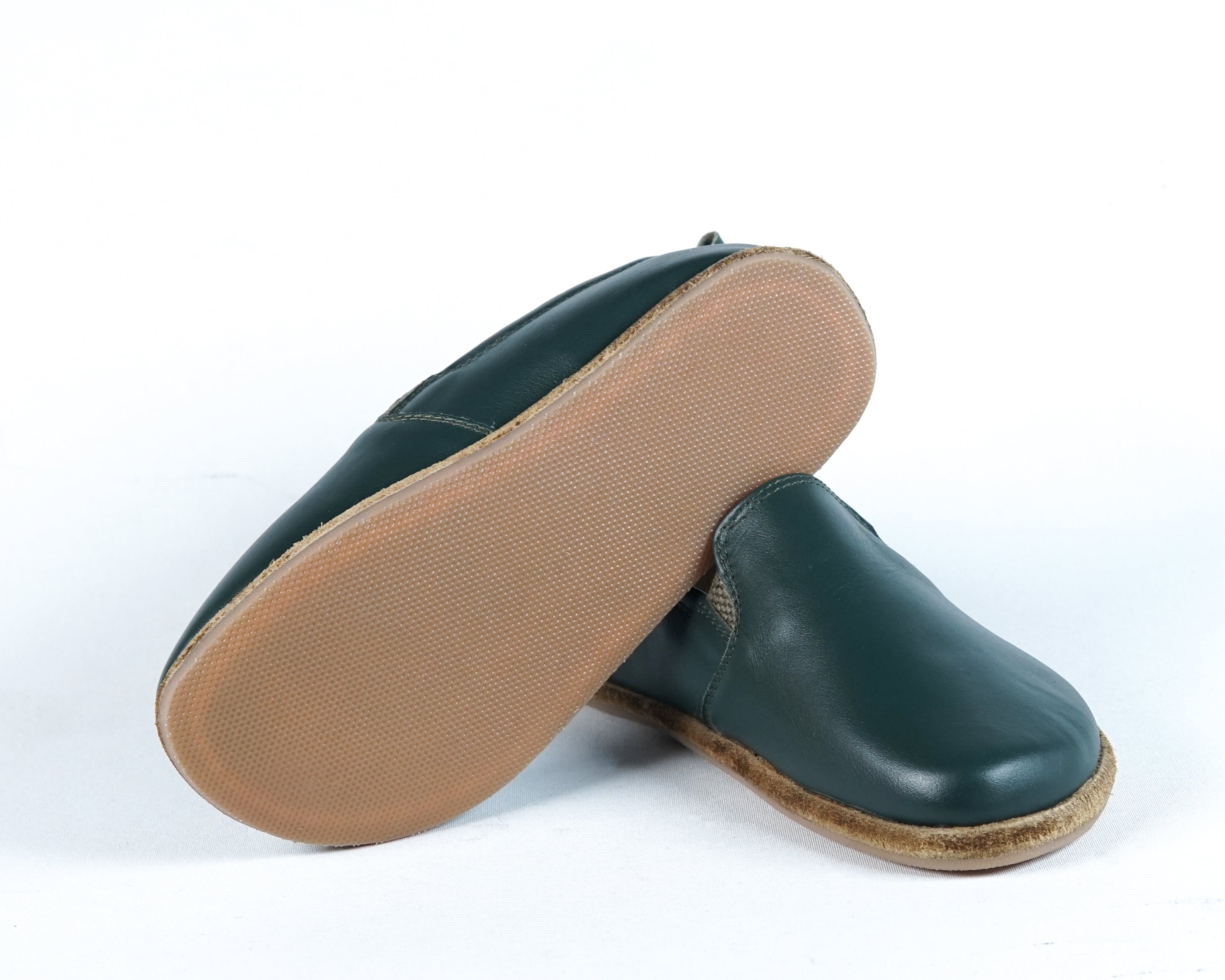 Green Kids Slip-On Wide Barefoot Shoes Smooth Leather Handmade Leather & Rubber Sole 