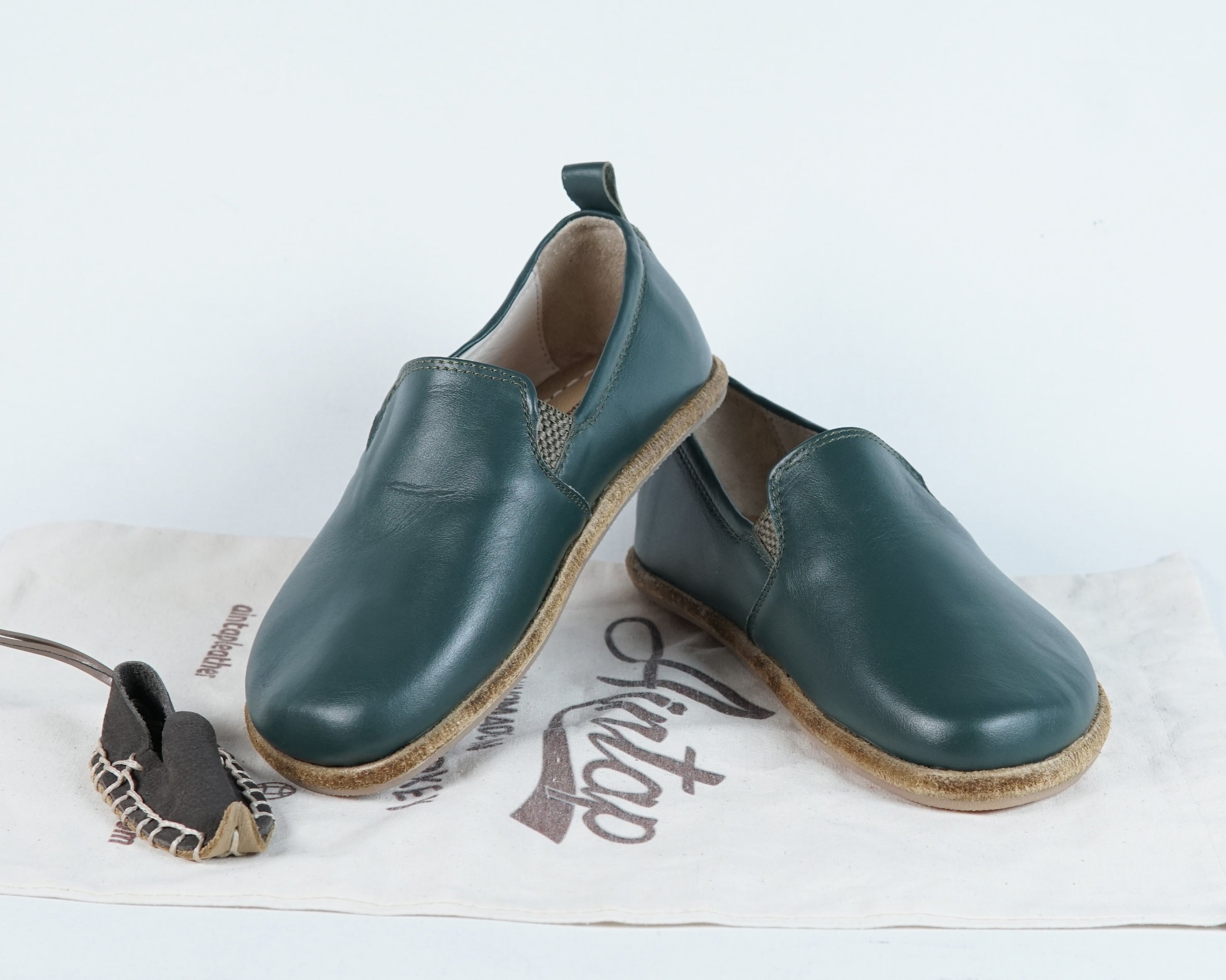 Green Kids Slip-On Wide Barefoot Shoes Smooth Leather Handmade Leather & Rubber Sole 