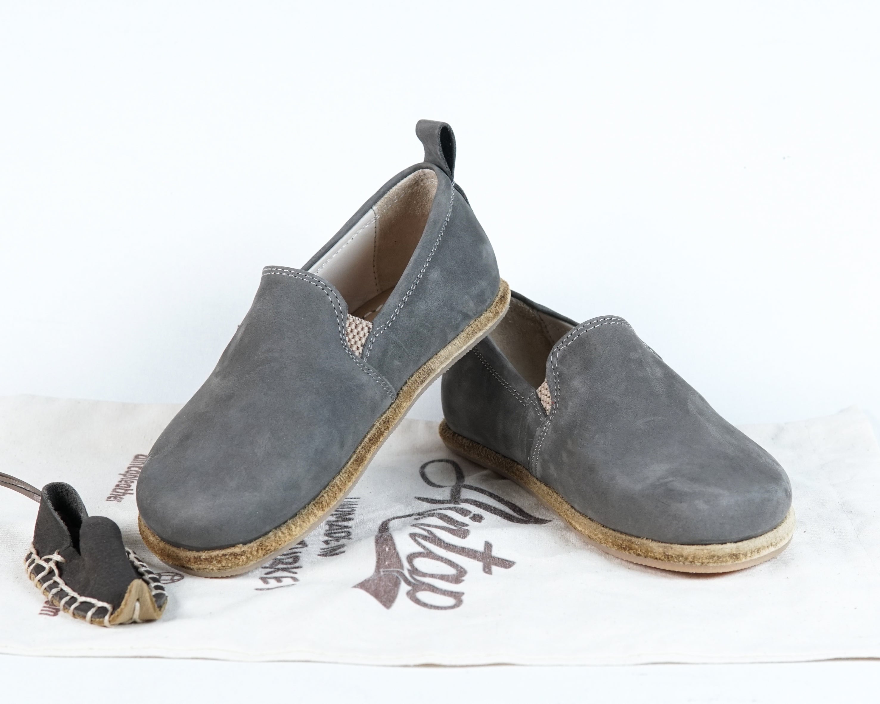 Gray Kids Slip-On Wide Barefoot Shoes Nubuck Leather Handmade Leather & Rubber Sole 