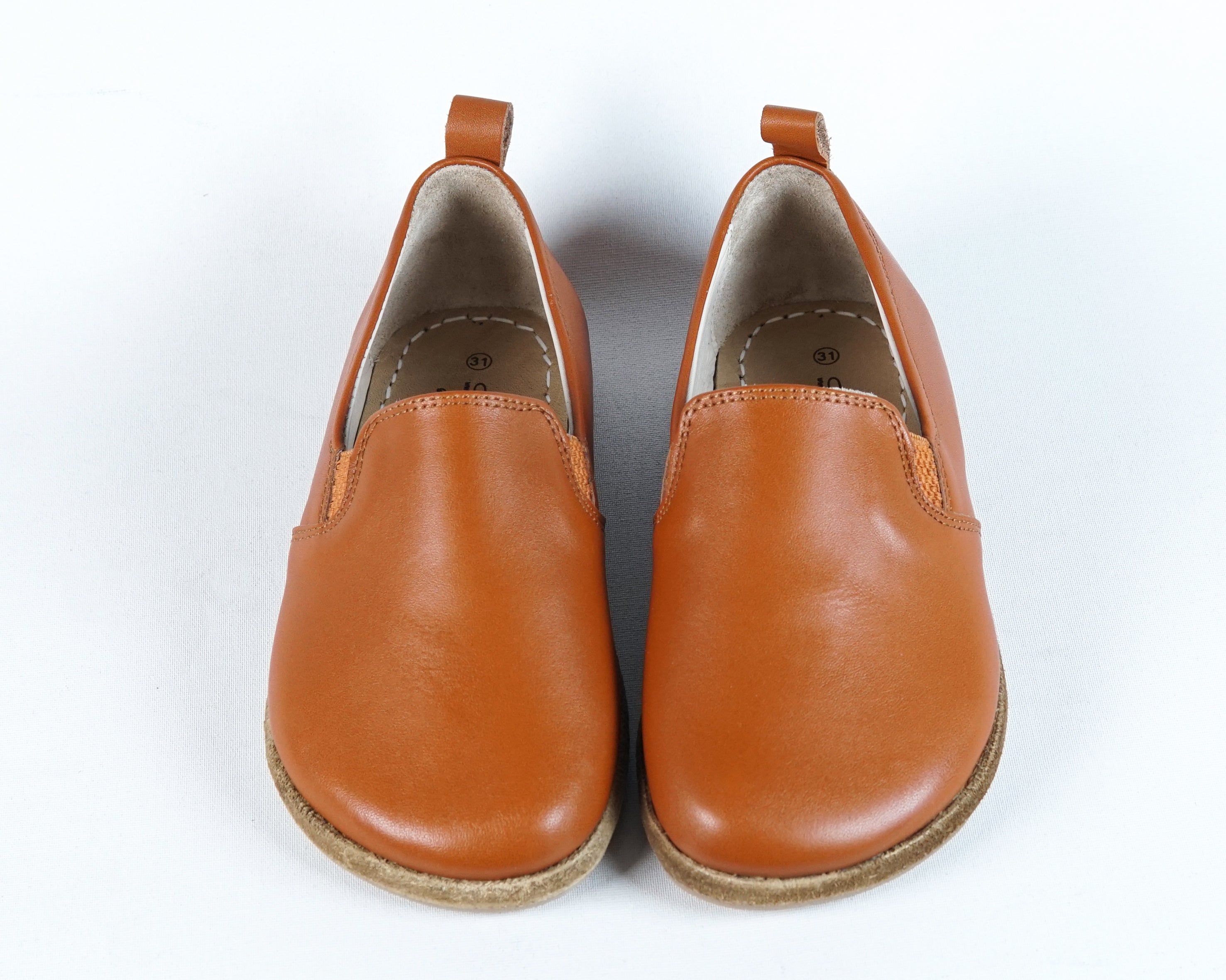 Tan Kids Slip-On Wide Barefoot Shoes Smooth Leather Handmade Leather & Rubber Sole 