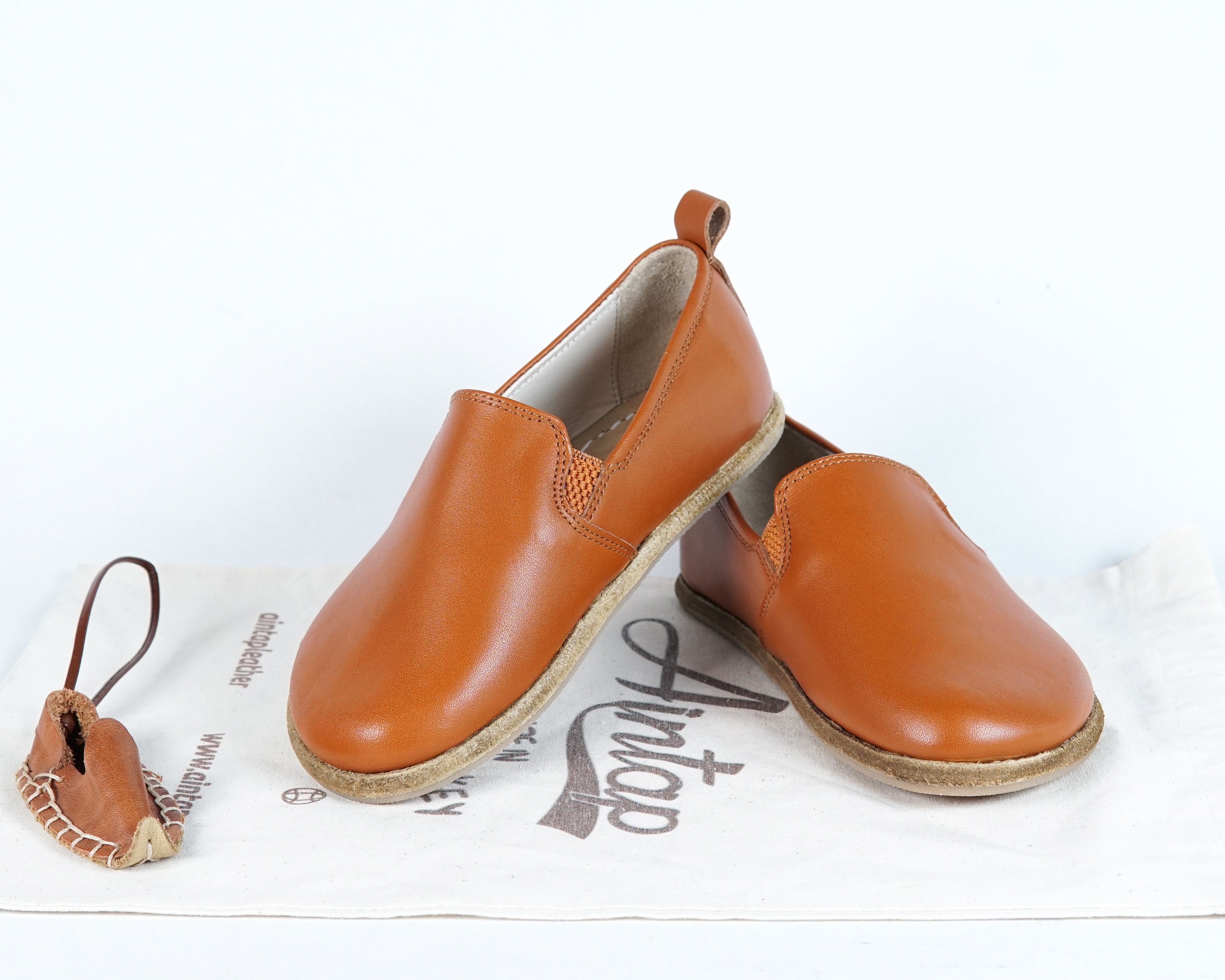Tan Kids Slip-On Wide Barefoot Shoes Smooth Leather Handmade Leather & Rubber Sole 