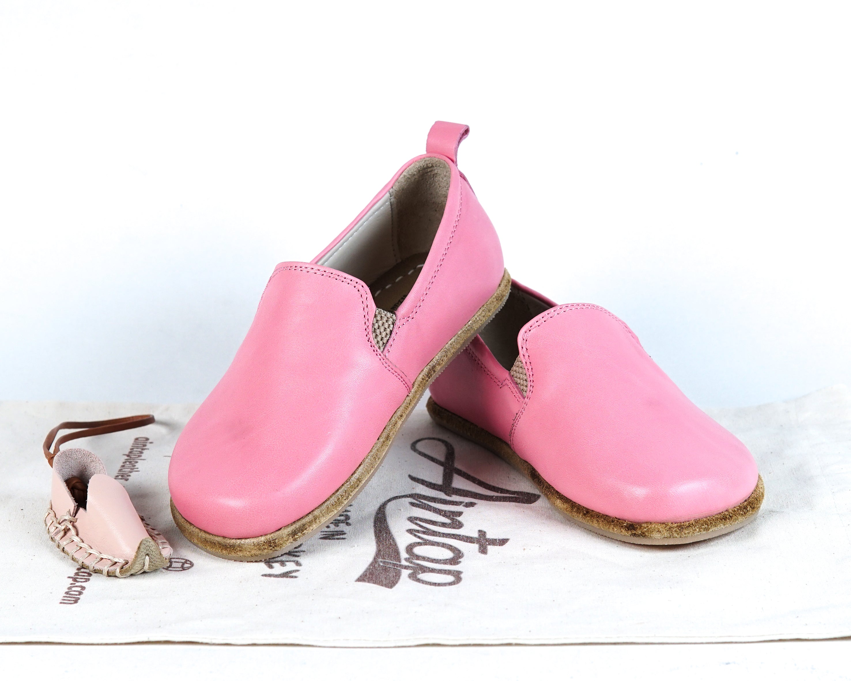Pink Kids Slip-On Wide Barefoot Shoes Smooth Leather Handmade Leather & Rubber Sole 