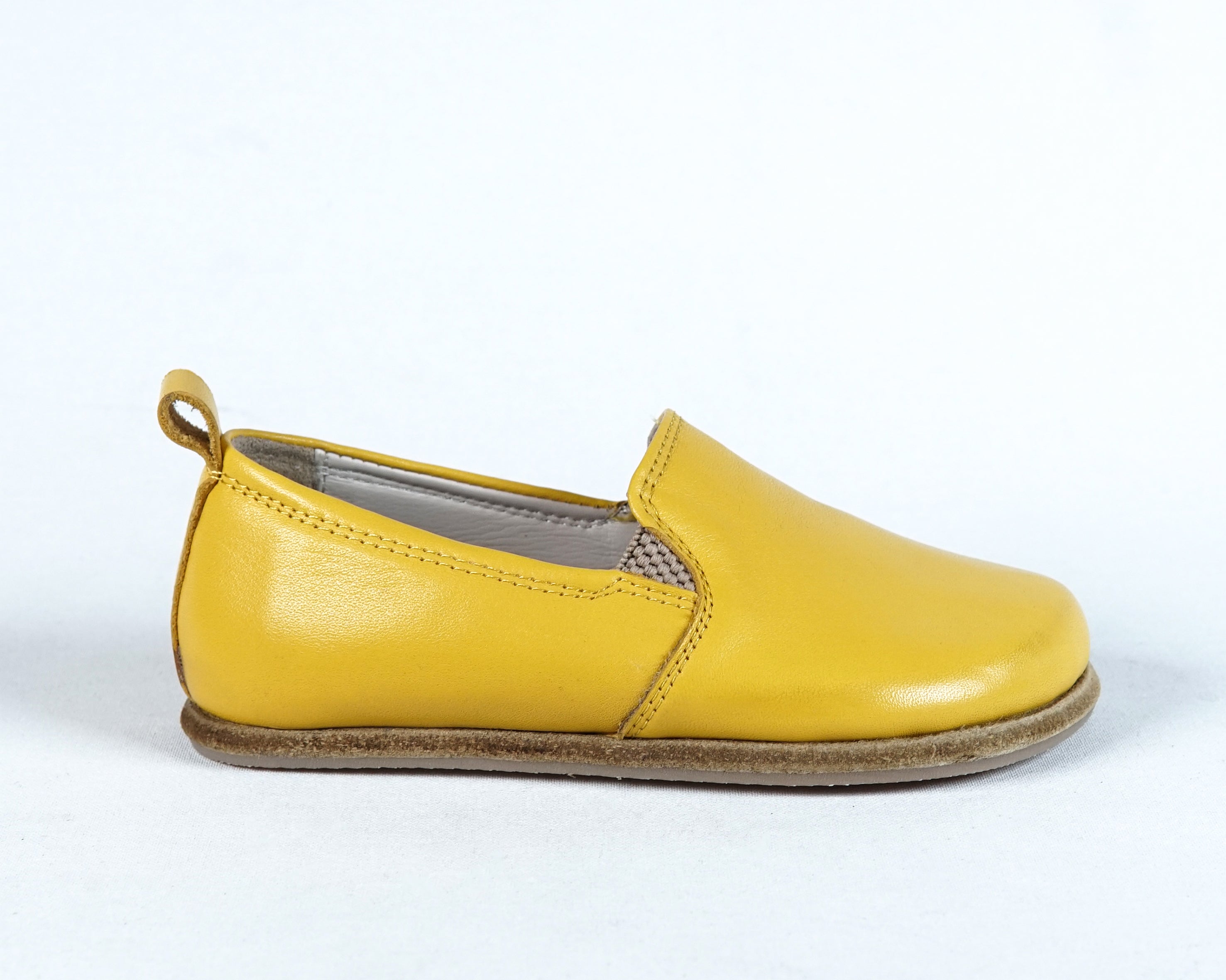 Yellow Kids Slip-On Wide Barefoot Shoes Smooth Leather Handmade Leather & Rubber Sole 