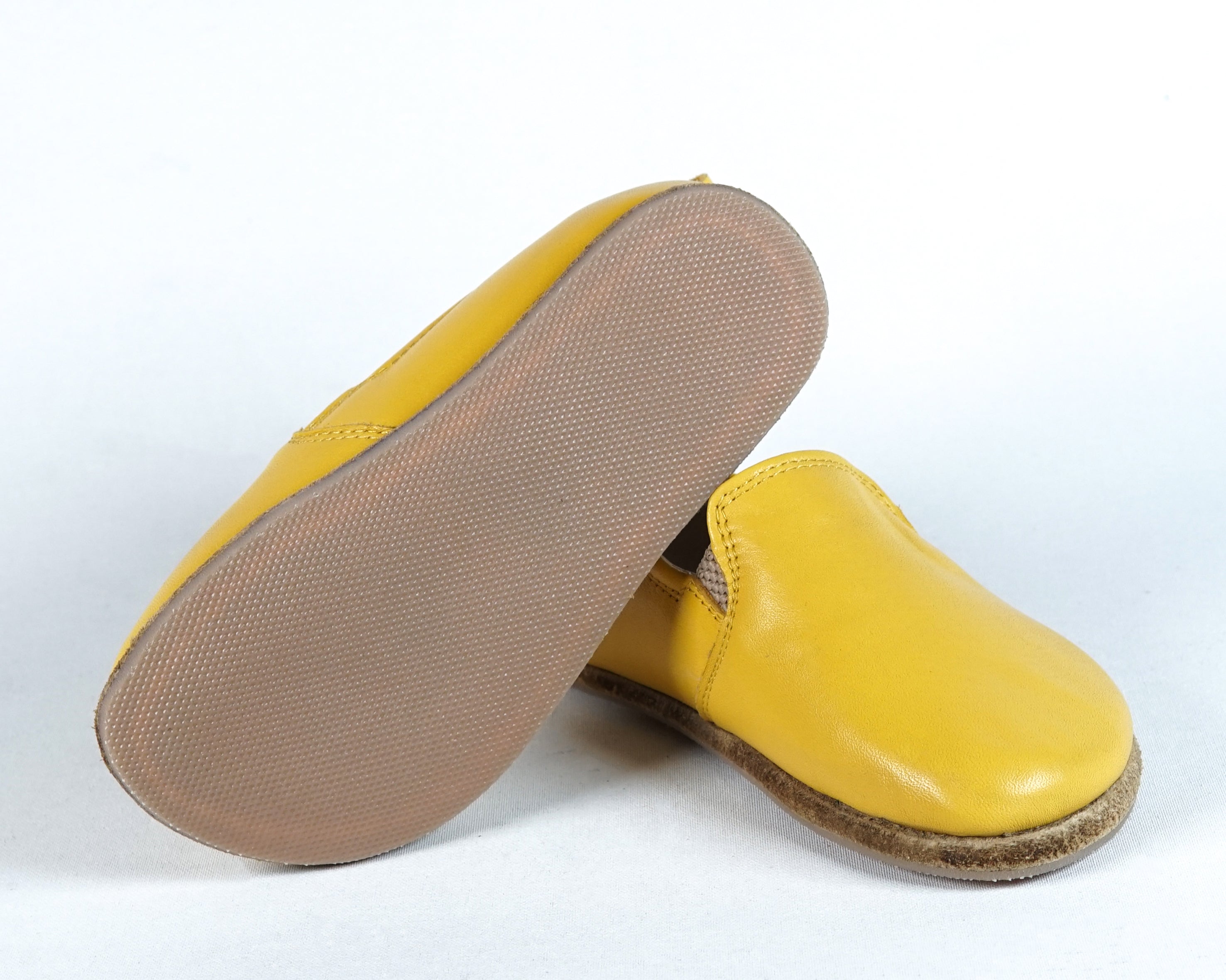Yellow Kids Slip-On Wide Barefoot Shoes Smooth Leather Handmade Leather & Rubber Sole 