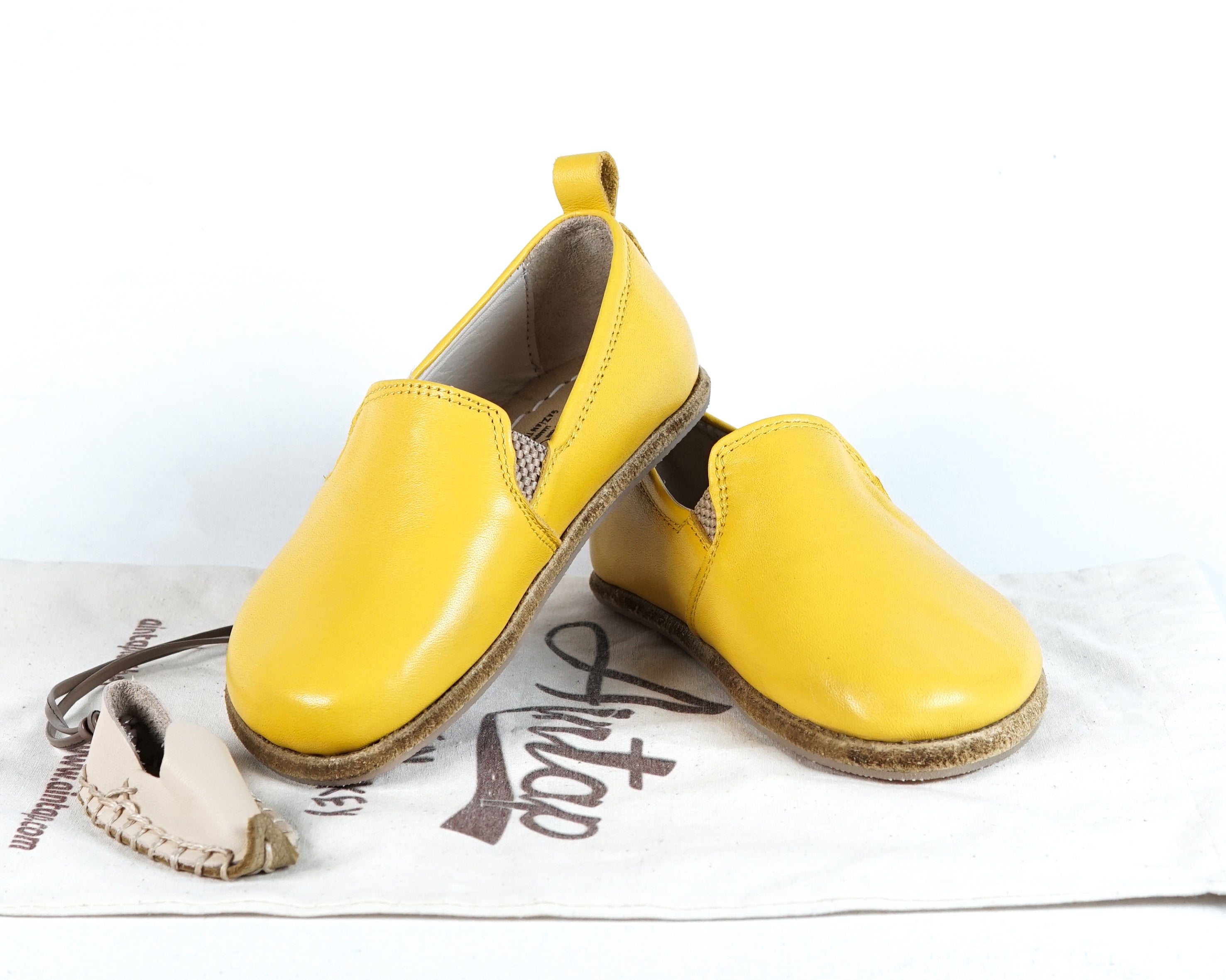 Yellow Kids Slip-On Wide Barefoot Shoes Smooth Leather Handmade Leather & Rubber Sole 