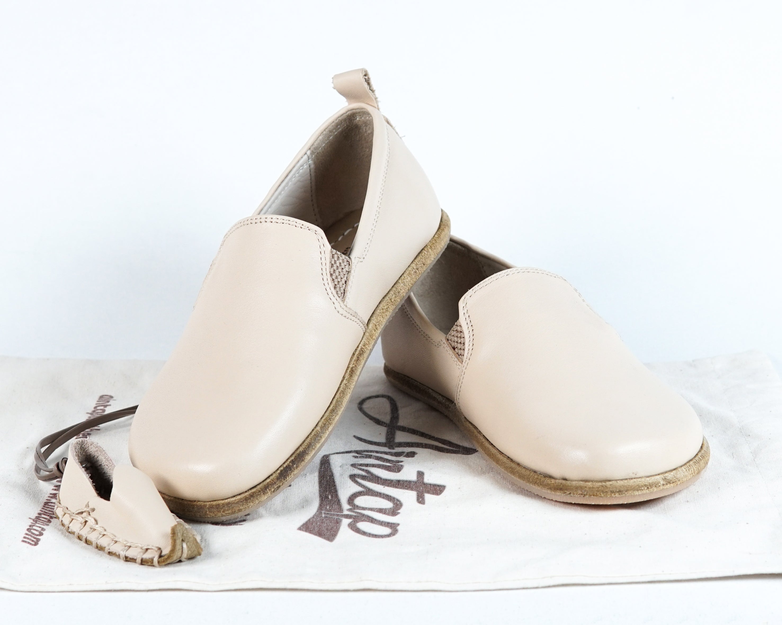 Cream Kids Slip-On Wide Barefoot Shoes Smooth Leather Handmade Leather & Rubber Sole 