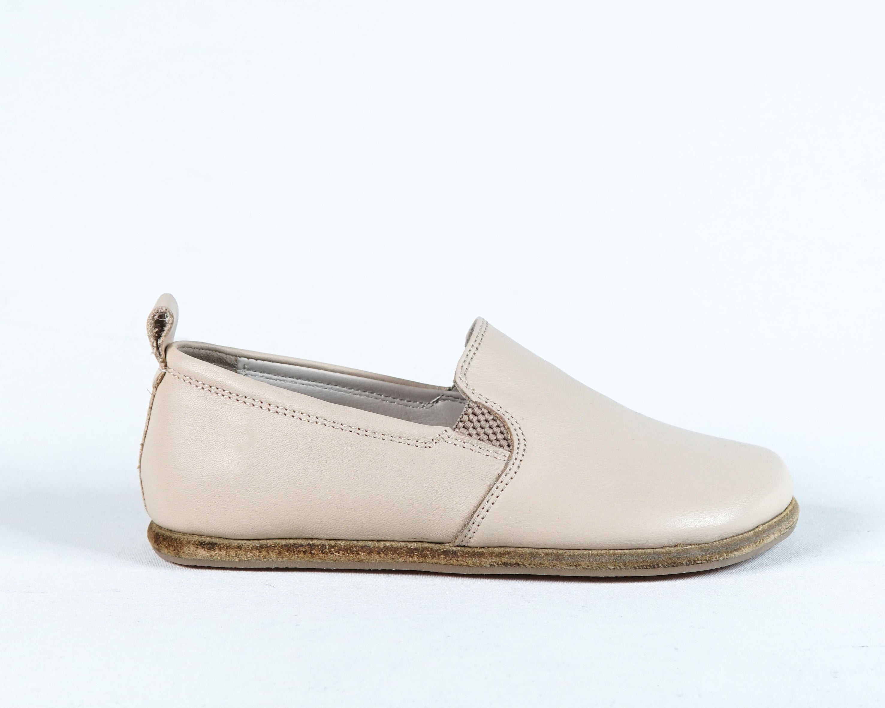 Cream Kids Slip-On Wide Barefoot Shoes Smooth Leather Handmade Leather & Rubber Sole 
