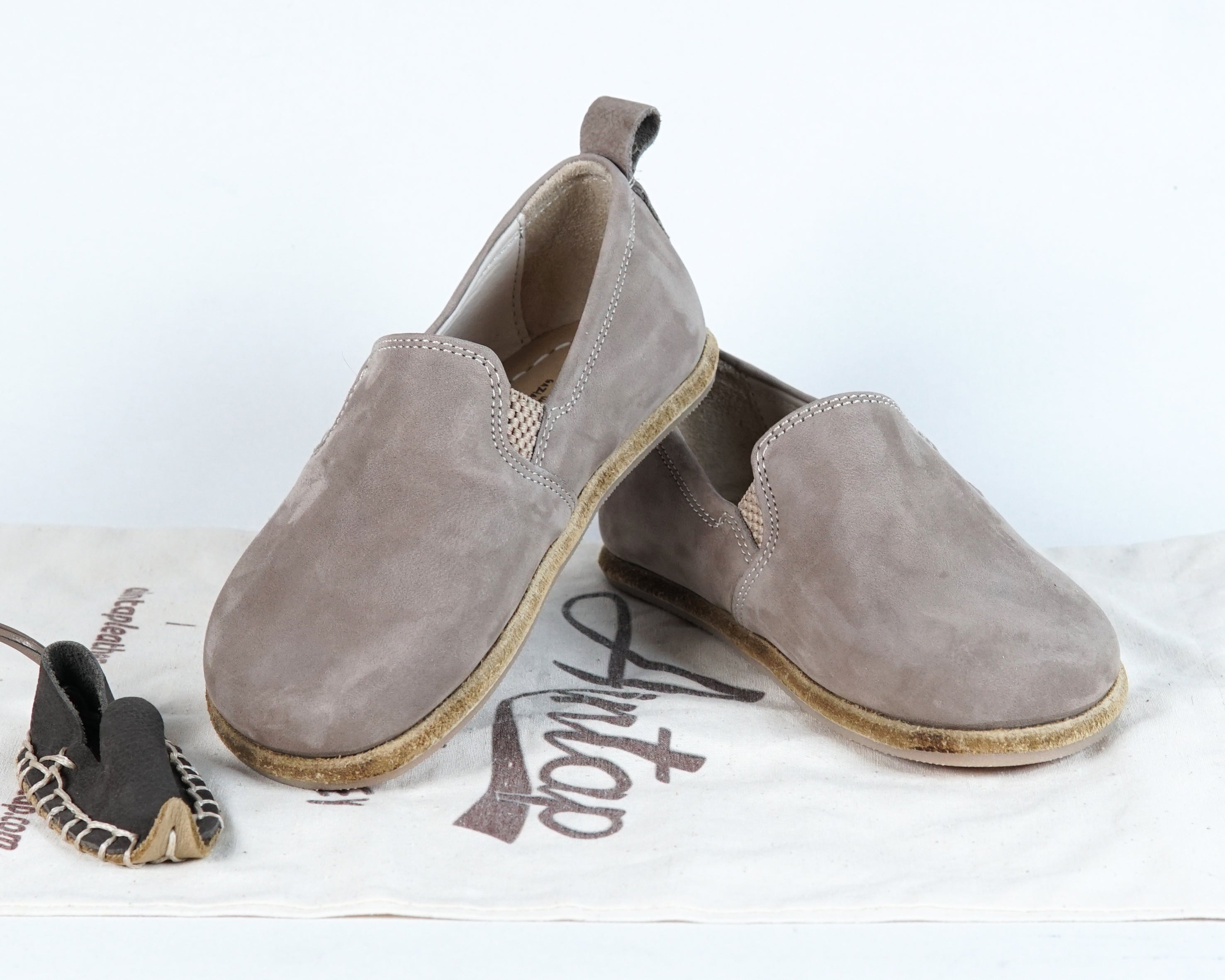 Smoked Kids Slip-On Wide Barefoot Shoes Nubuck Leather Handmade Leather & Rubber Sole 