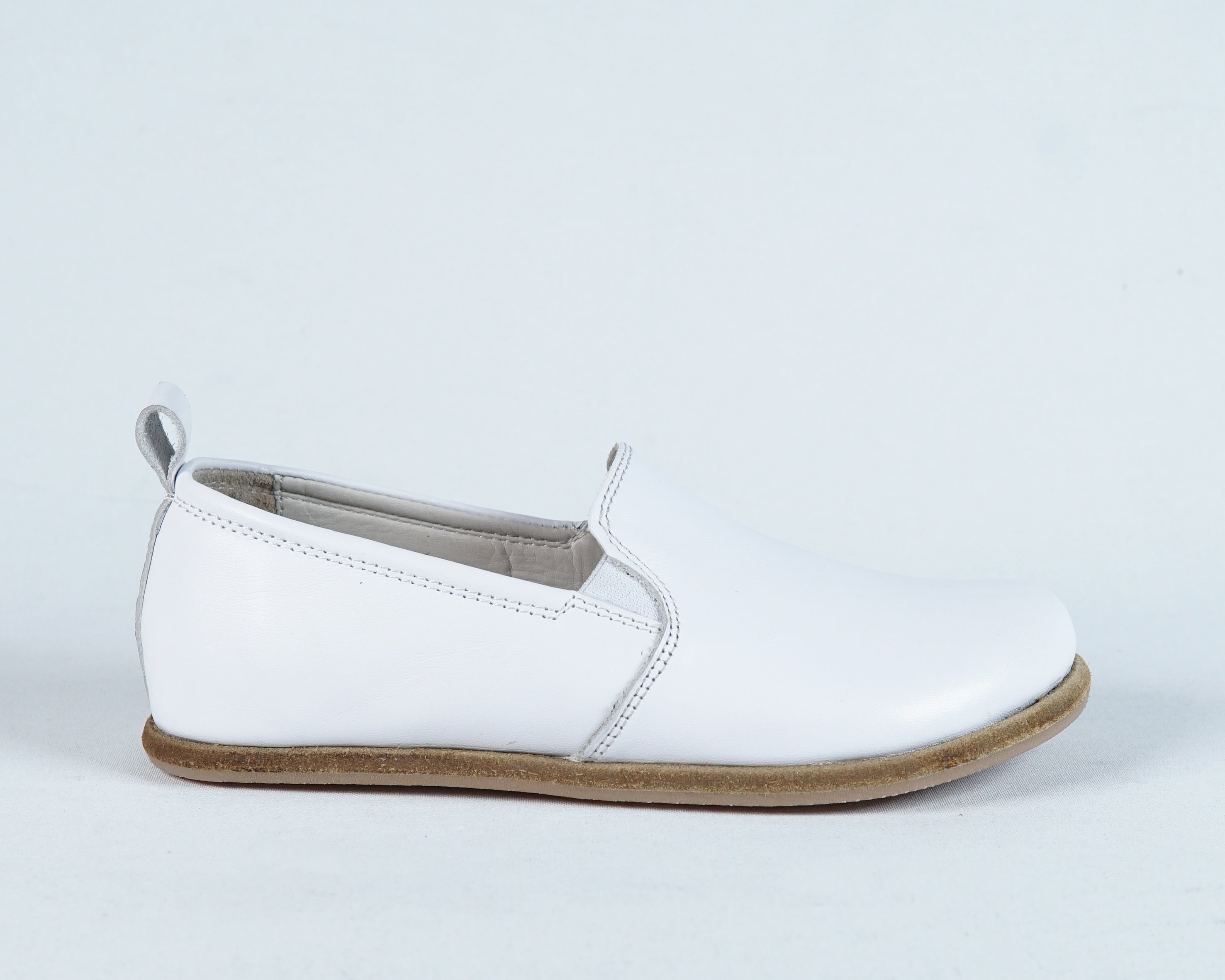 White Kids Slip-On Wide Barefoot Shoes Smooth Leather Handmade Leather & Rubber Sole 