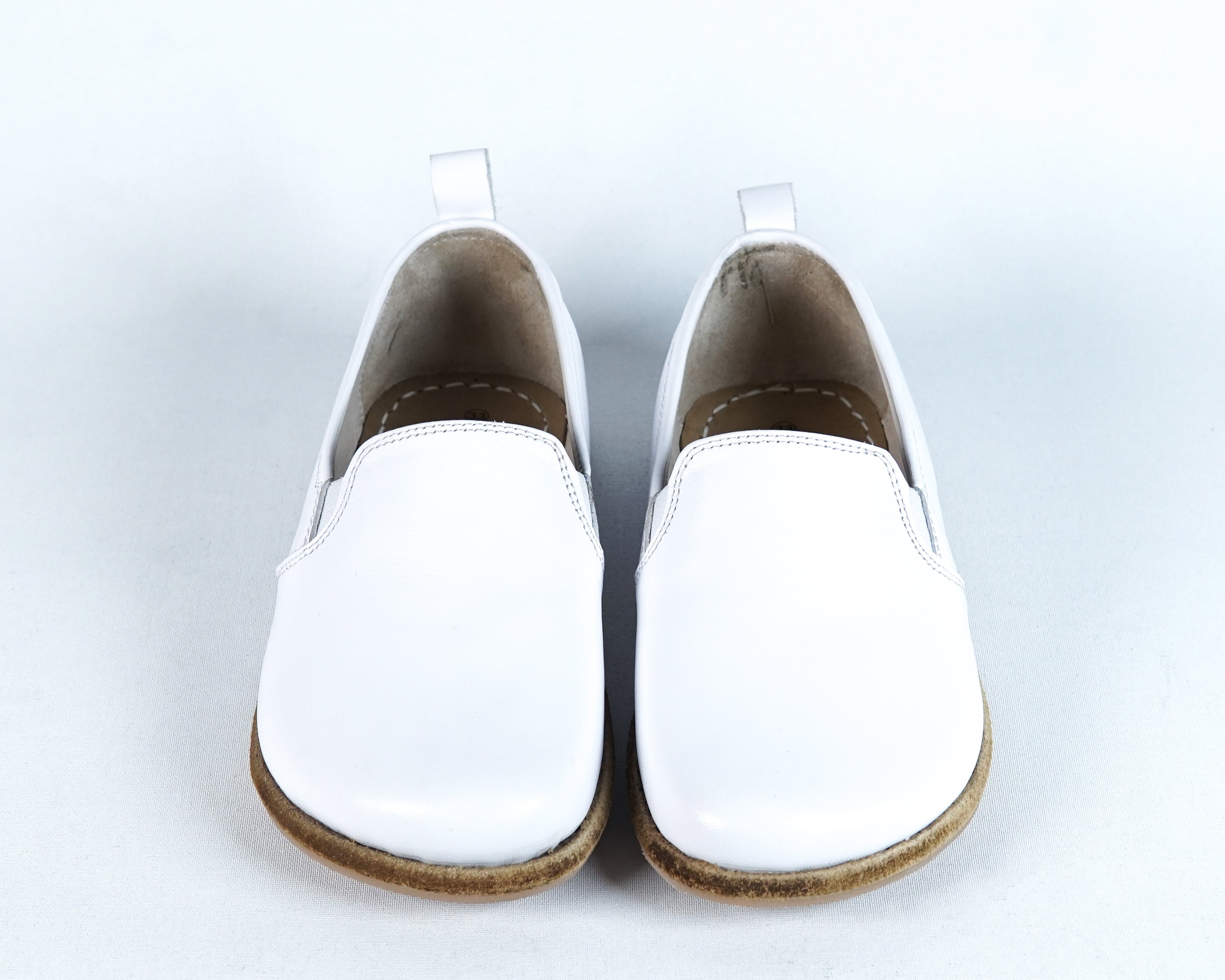 White Kids Slip-On Wide Barefoot Shoes Smooth Leather Handmade Leather & Rubber Sole 