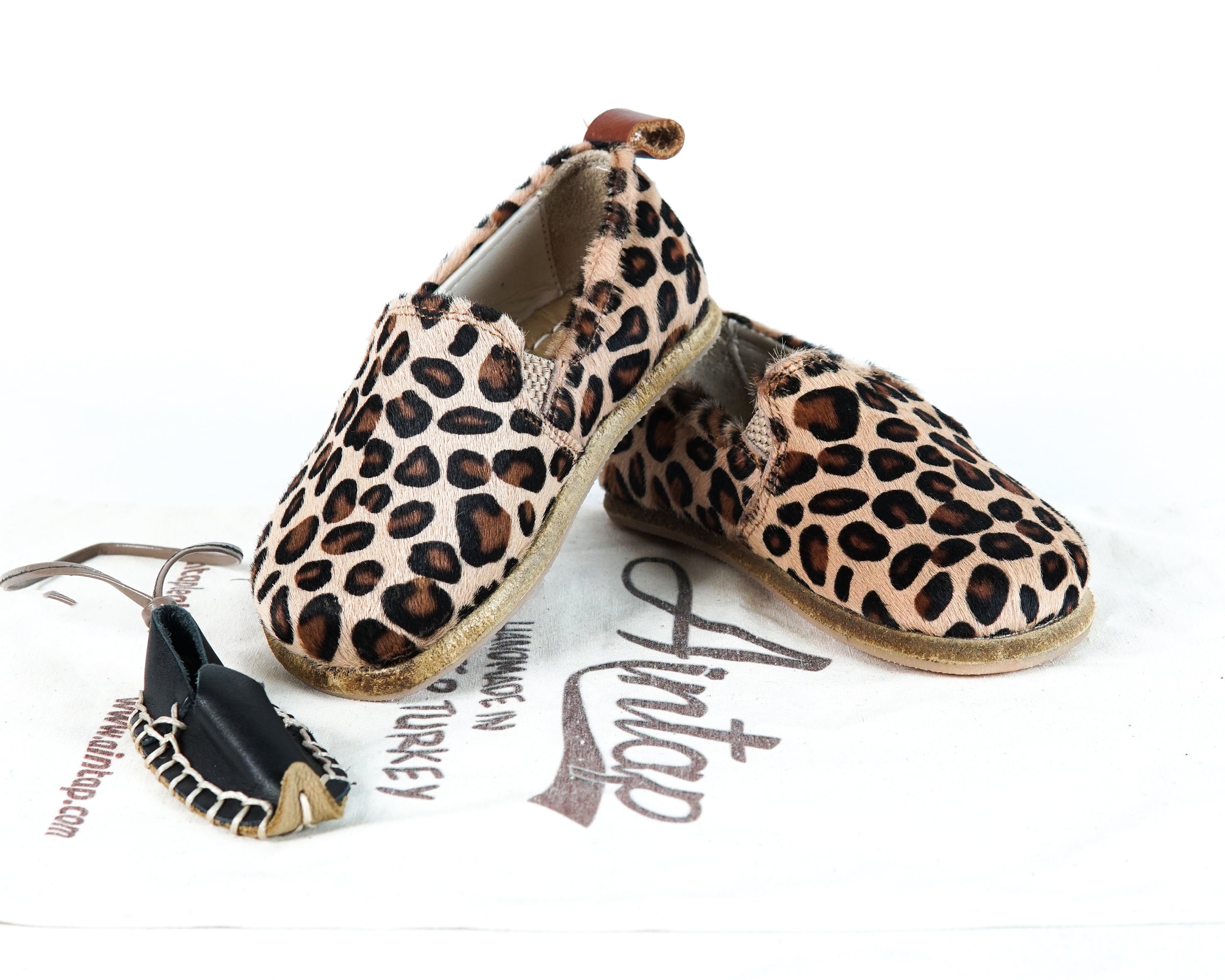 Leopard Kids Slip-On Wide Barefoot Shoes Smooth Leather Handmade Leather & Rubber Sole 