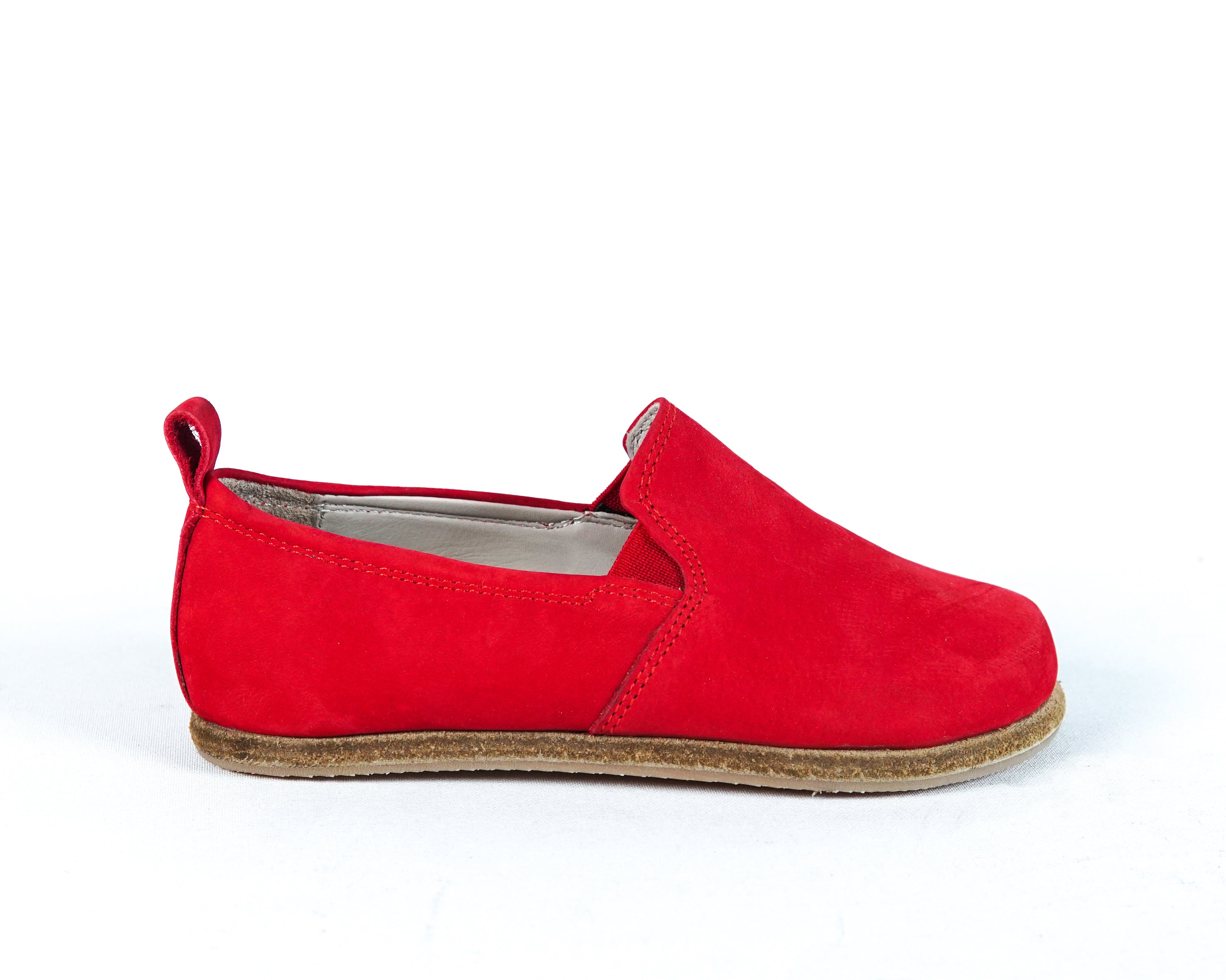 Red Kids Slip-On Wide Barefoot Shoes Nubuck Leather Handmade Leather & Rubber Sole 