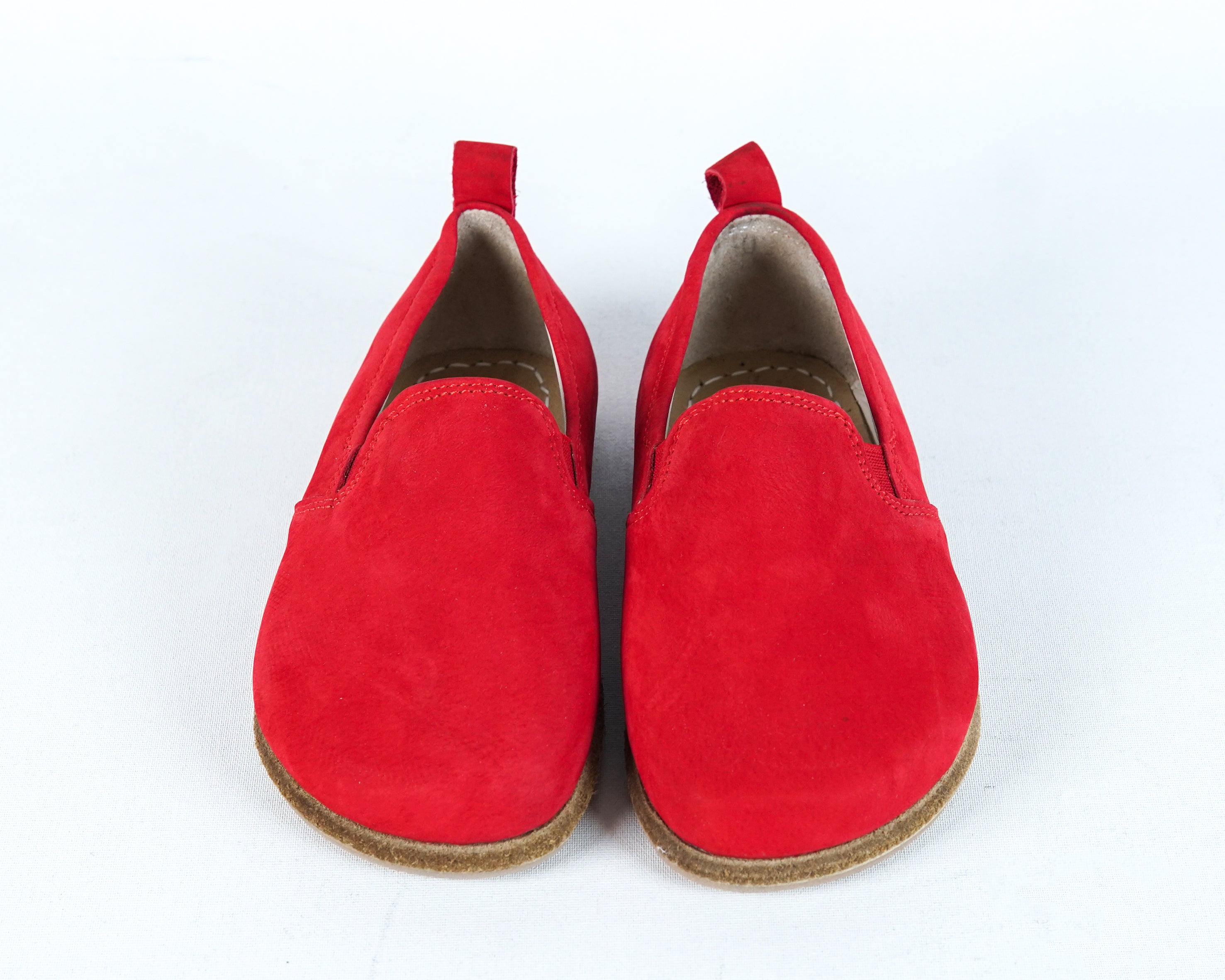 Red Kids Slip-On Wide Barefoot Shoes Nubuck Leather Handmade Leather & Rubber Sole