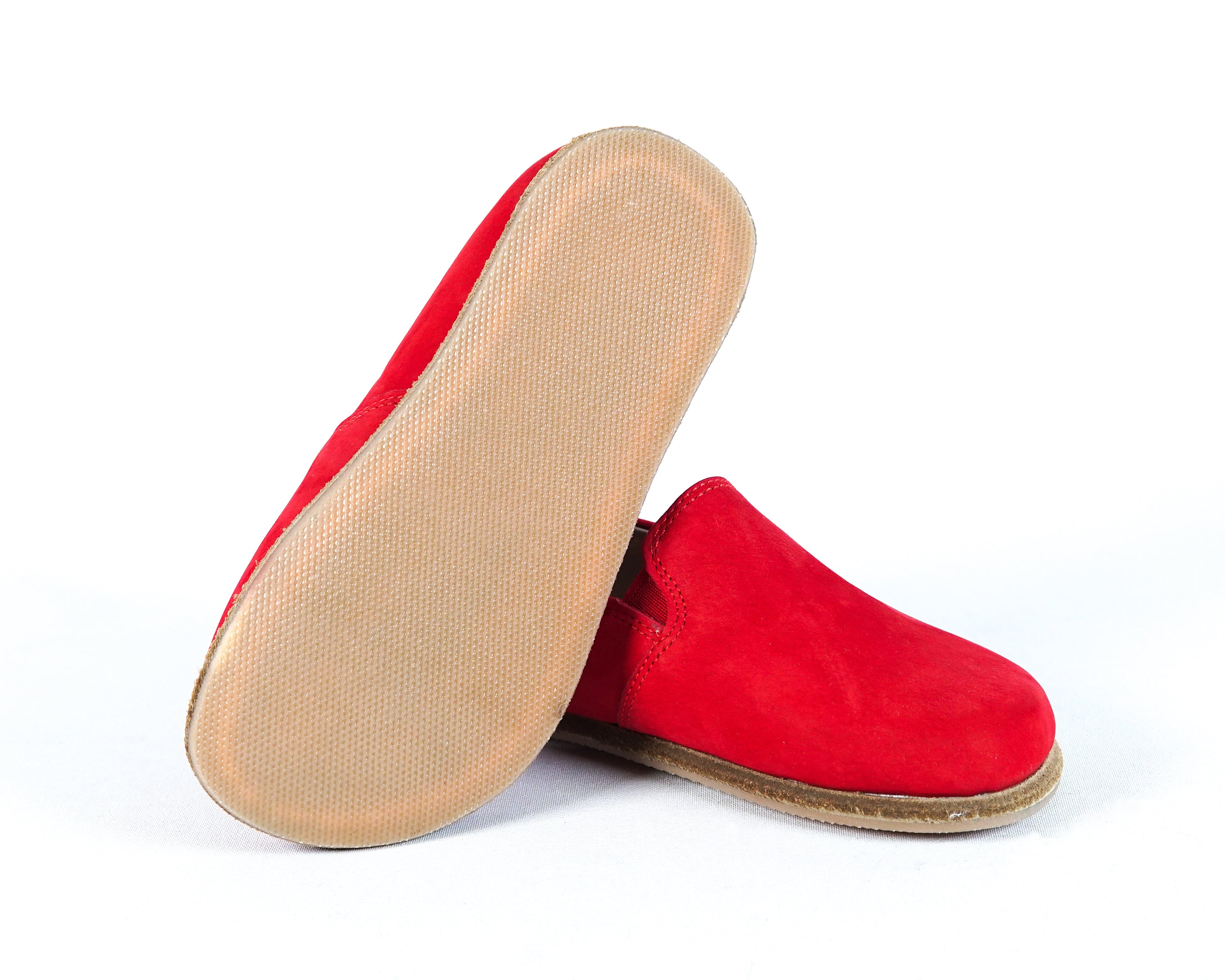 Red Kids Slip-On Wide Barefoot Shoes Nubuck Leather Handmade Leather & Rubber Sole 