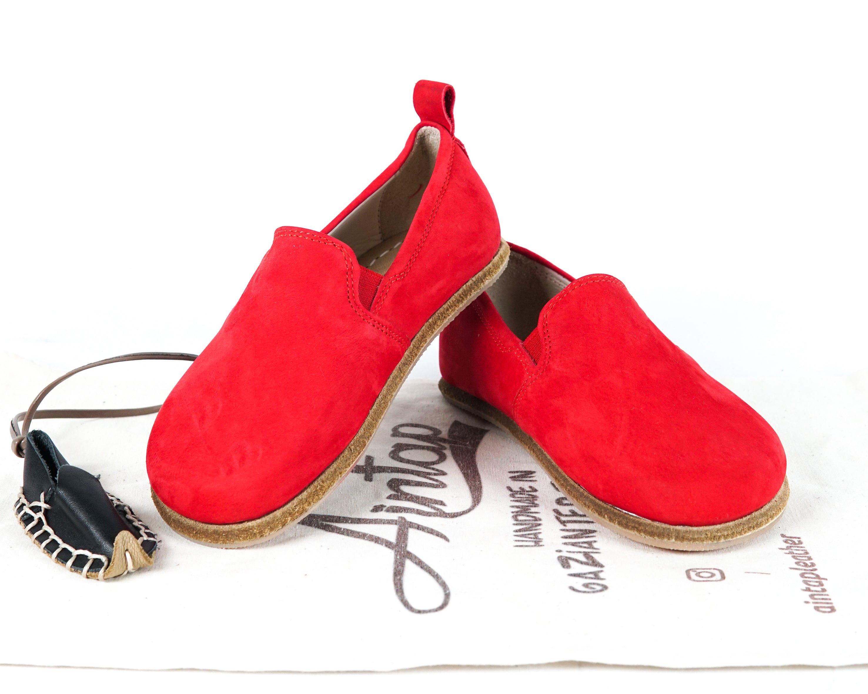 Red Kids Slip-On Wide Barefoot Shoes Nubuck Leather Handmade Leather & Rubber Sole